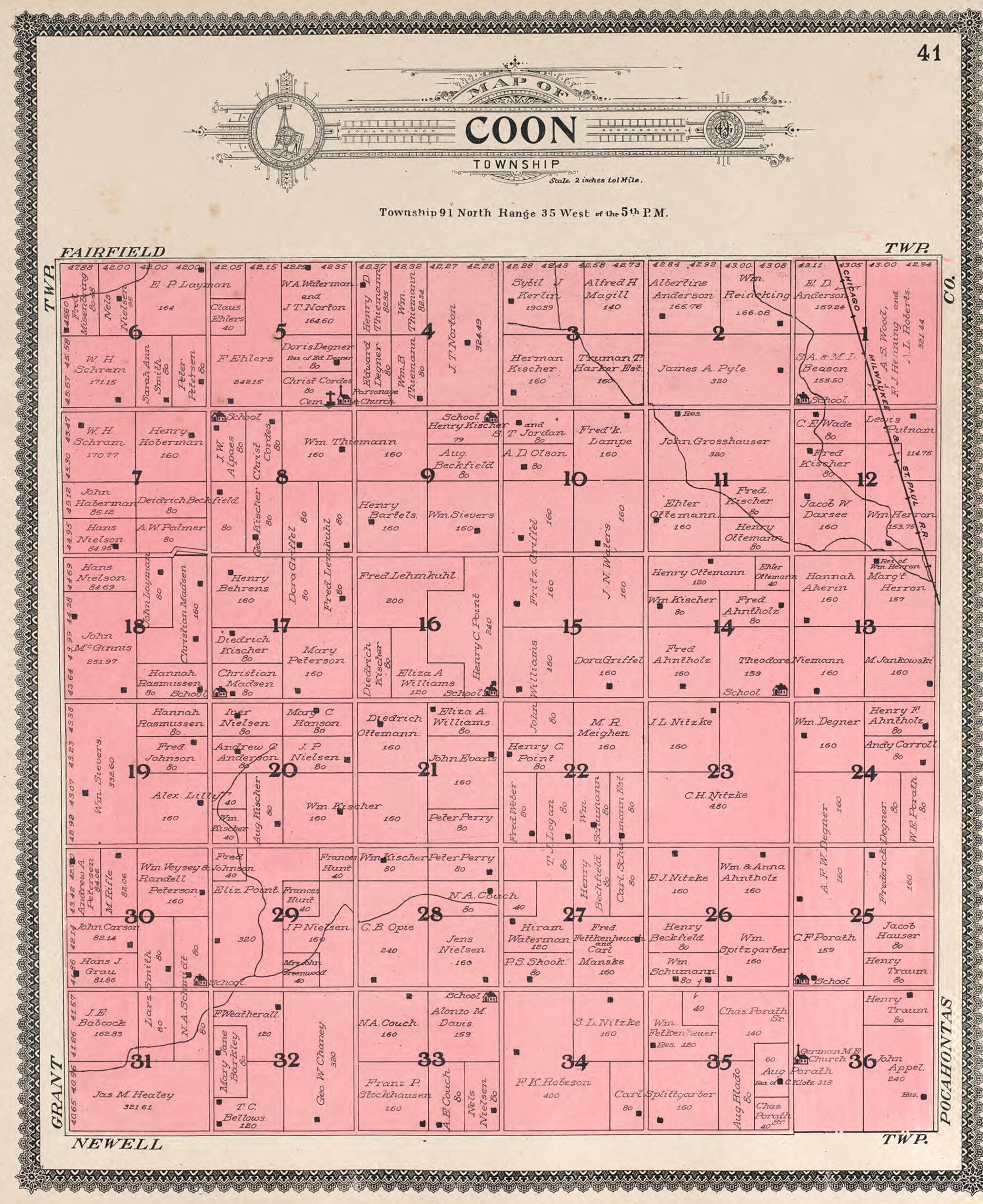 This old map of Coon from Standard Atlas of Buena Vista County, Iowa from 1908 was created by Geo. A. Ogle & Co in 1908