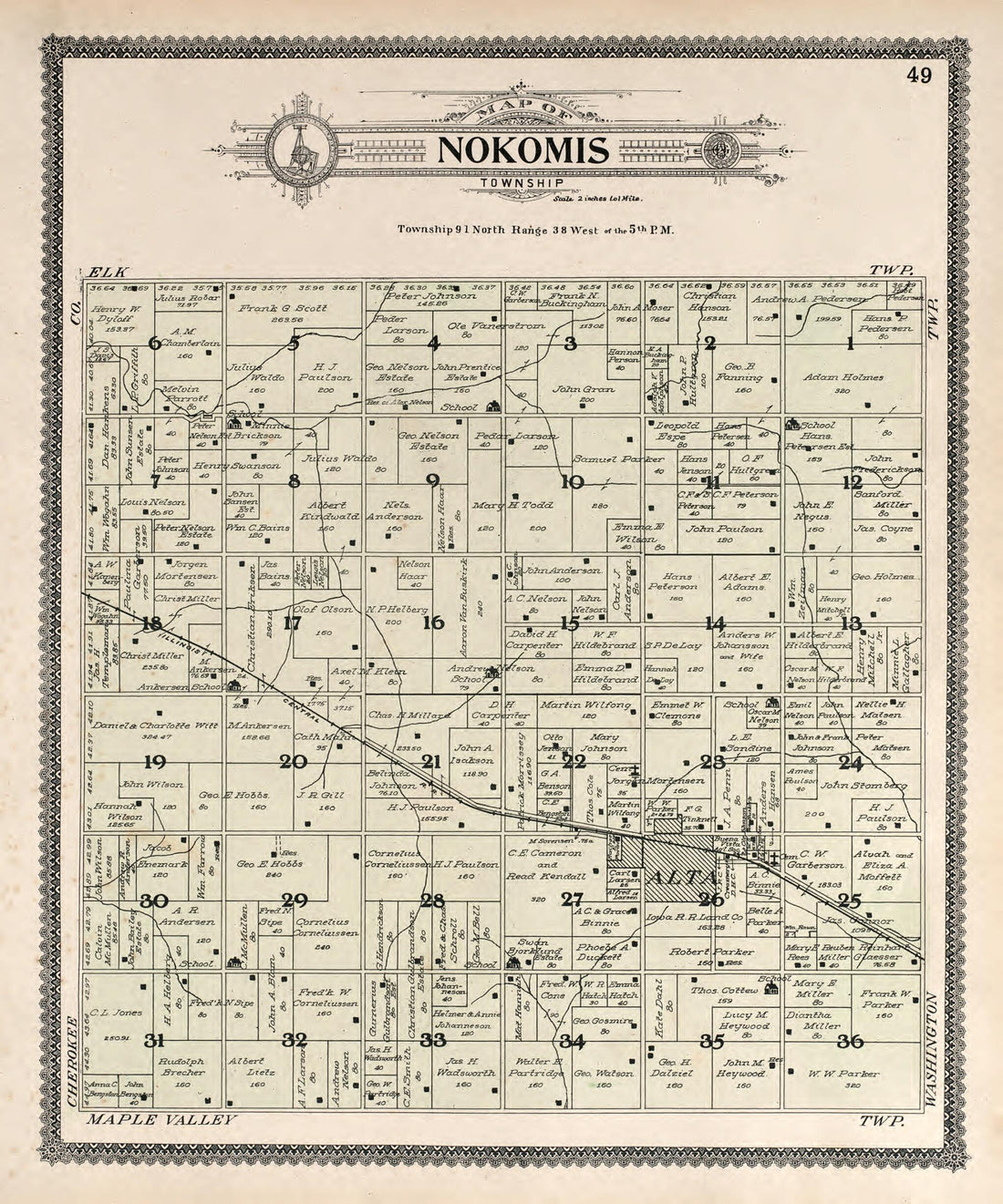 This old map of Nokomis from Standard Atlas of Buena Vista County, Iowa from 1908 was created by Geo. A. Ogle & Co in 1908