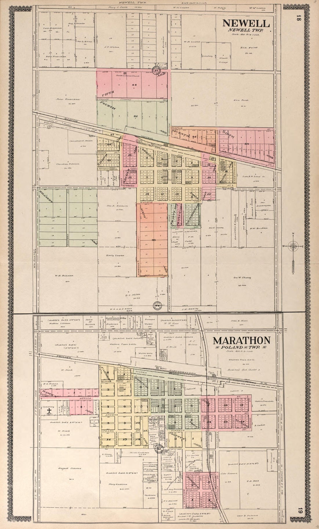 This old map of Newell and Marathon from Standard Atlas of Buena Vista County, Iowa from 1908 was created by Geo. A. Ogle & Co in 1908