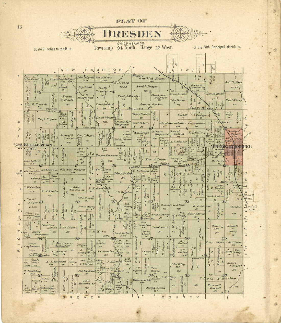 This old map of Plat of Dresden from Plat Book of Chickasaw County, Iowa from 1892 was created by North West Publishing Co in 1892