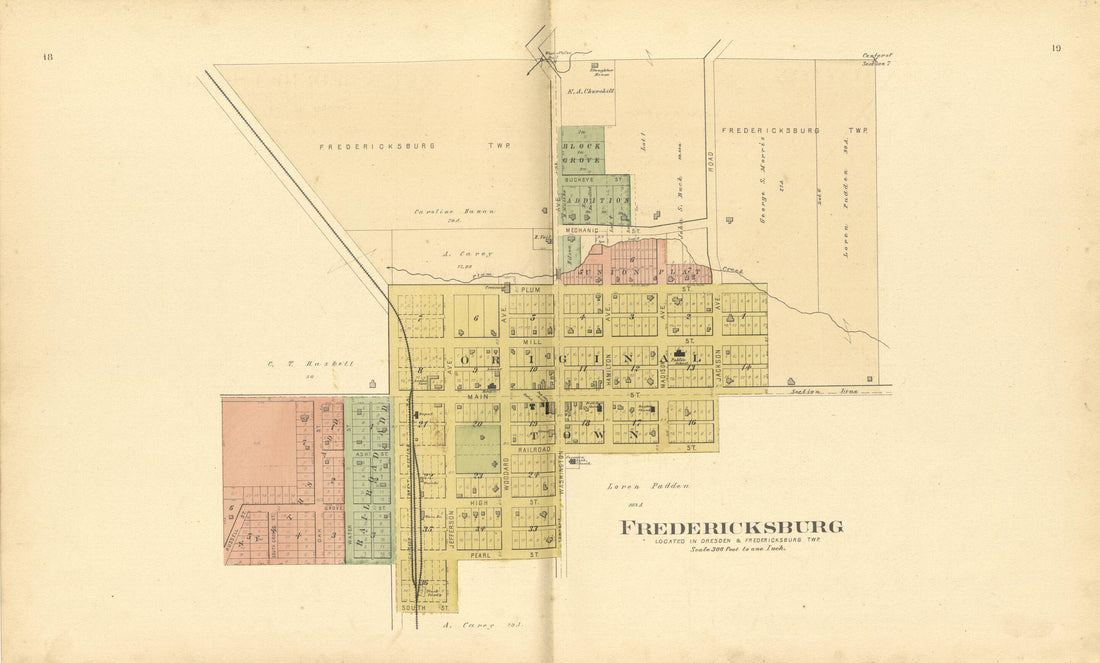 This old map of Fredericksburg from Plat Book of Chickasaw County, Iowa from 1892 was created by North West Publishing Co in 1892