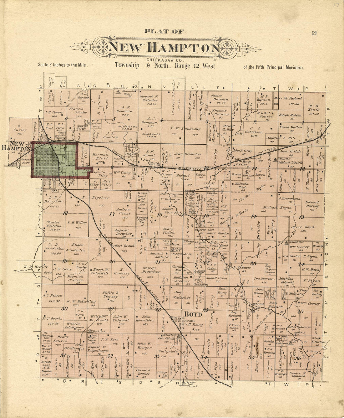 This old map of Plat of New Hampton from Plat Book of Chickasaw County, Iowa from 1892 was created by North West Publishing Co in 1892