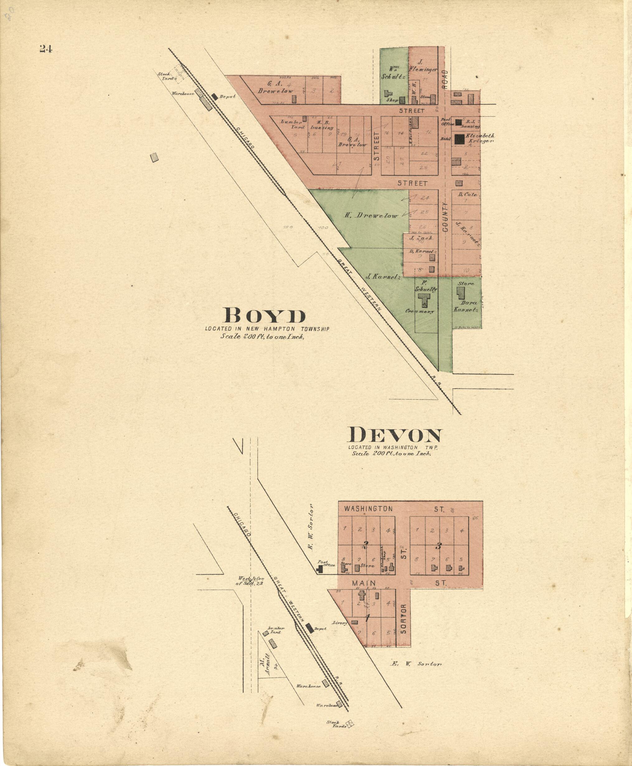 This old map of Boyd Located In New Hampton Township & Devon Located In Washington TWP from Plat Book of Chickasaw County, Iowa from 1892 was created by North West Publishing Co in 1892