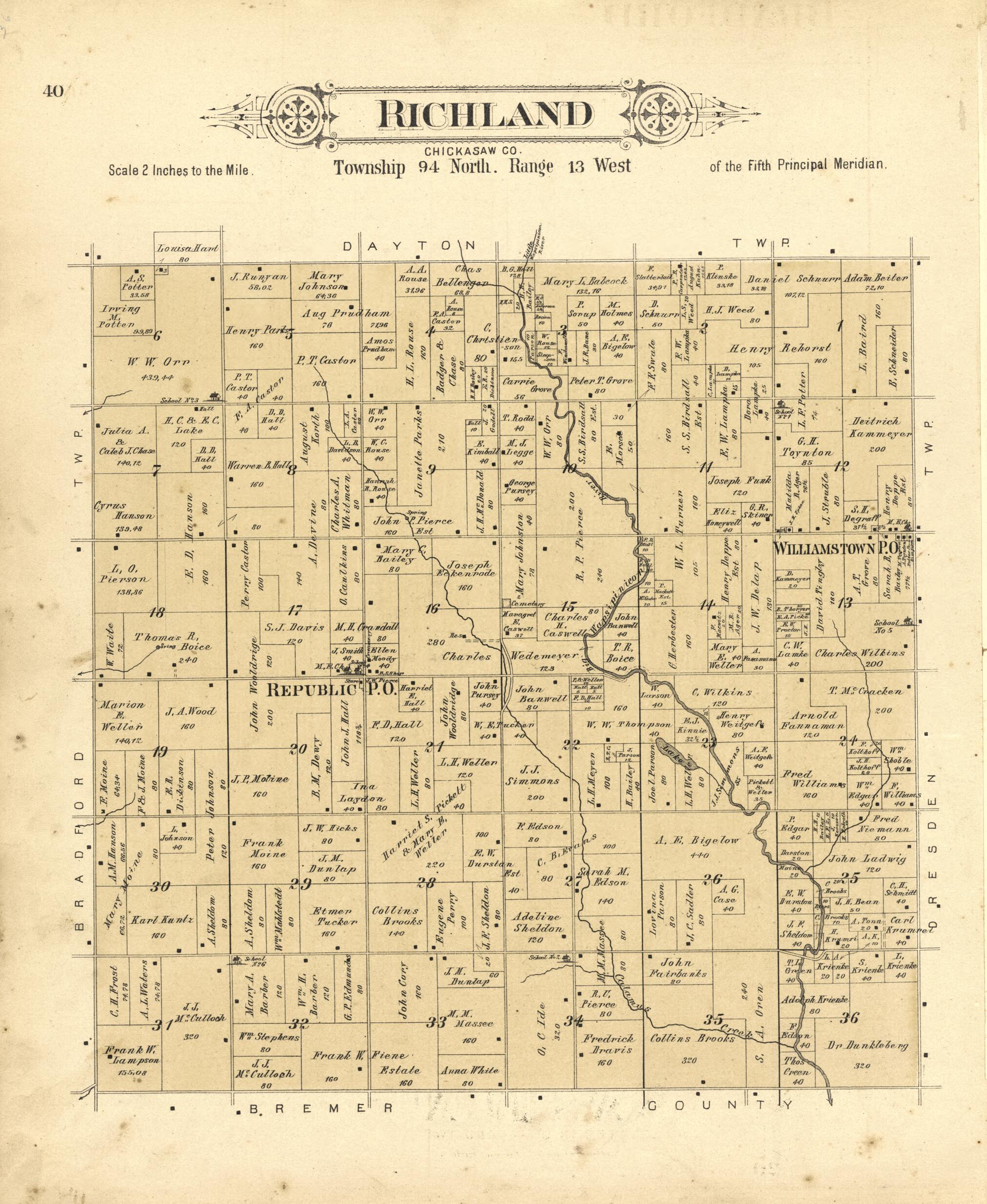 This old map of Richland from Plat Book of Chickasaw County, Iowa from 1892 was created by North West Publishing Co in 1892