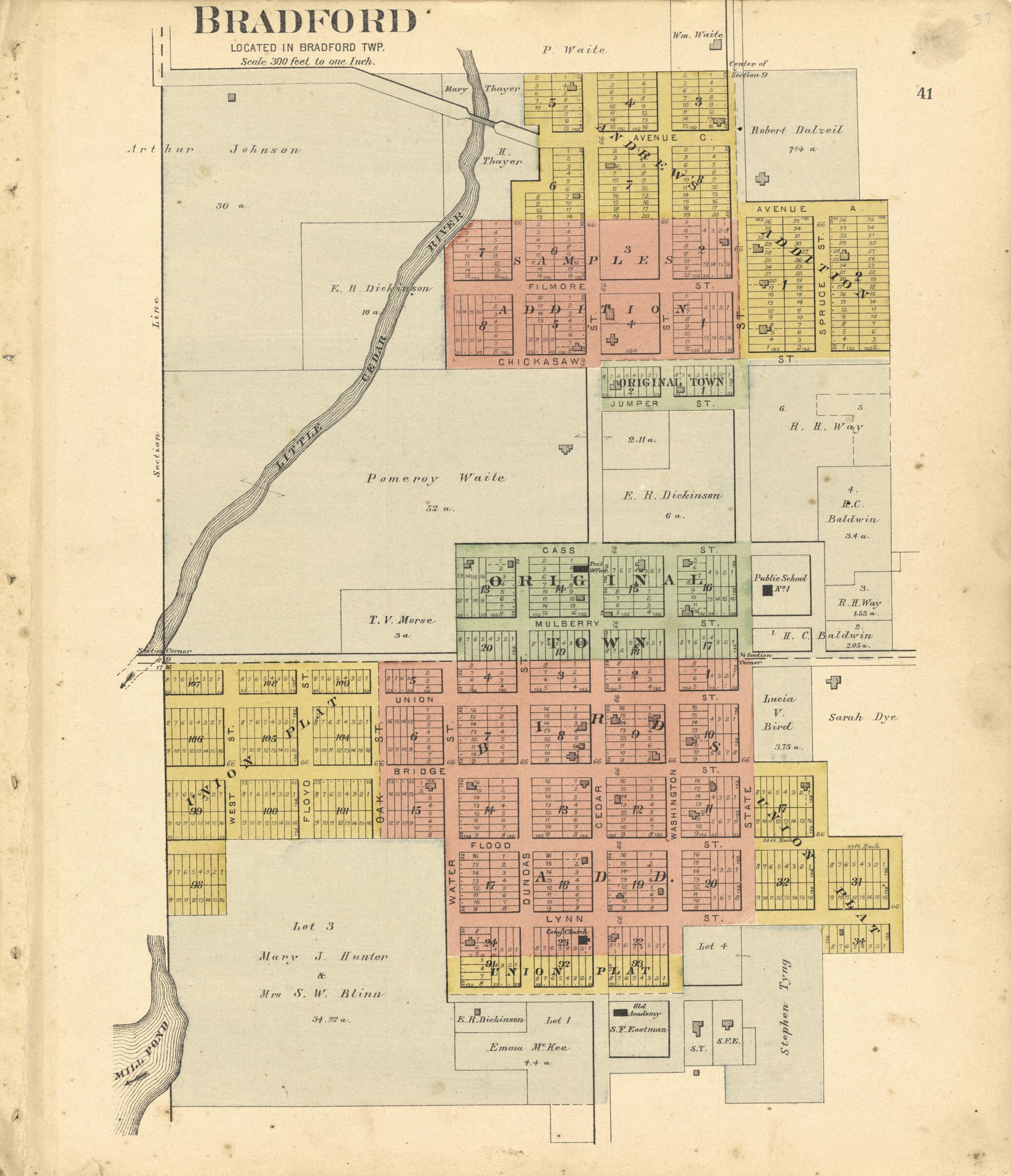 This old map of Bradford from Plat Book of Chickasaw County, Iowa from 1892 was created by North West Publishing Co in 1892