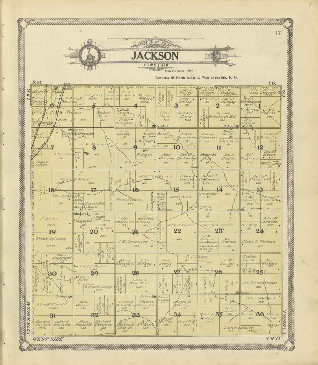 This old map of Map of Jackson Township from Standard Atlas of Crawford County, Iowa from 1908 was created by Geo. A. Ogle & Co in 1908
