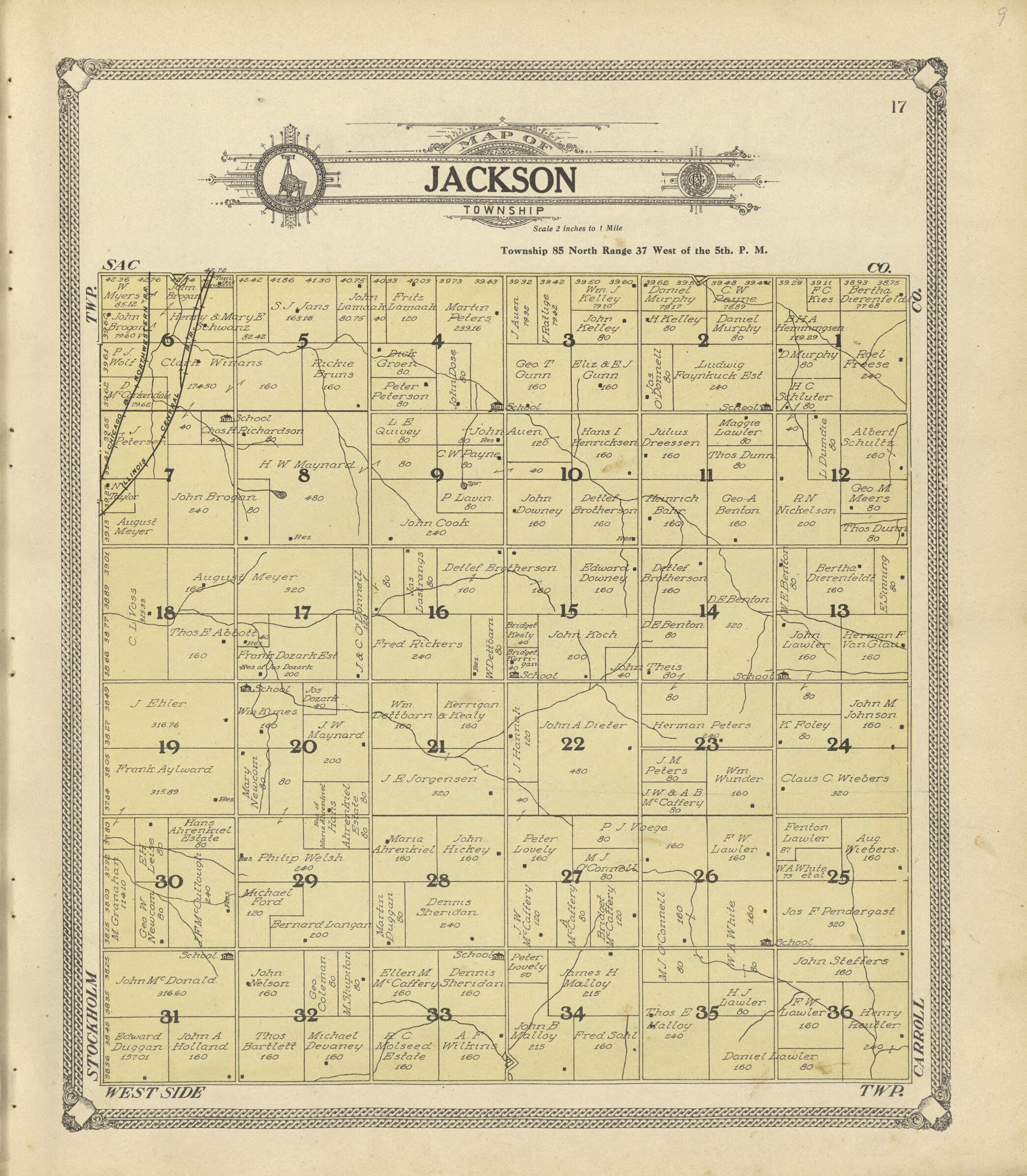 This old map of Map of Jackson Township from Standard Atlas of Crawford County, Iowa from 1908 was created by Geo. A. Ogle & Co in 1908