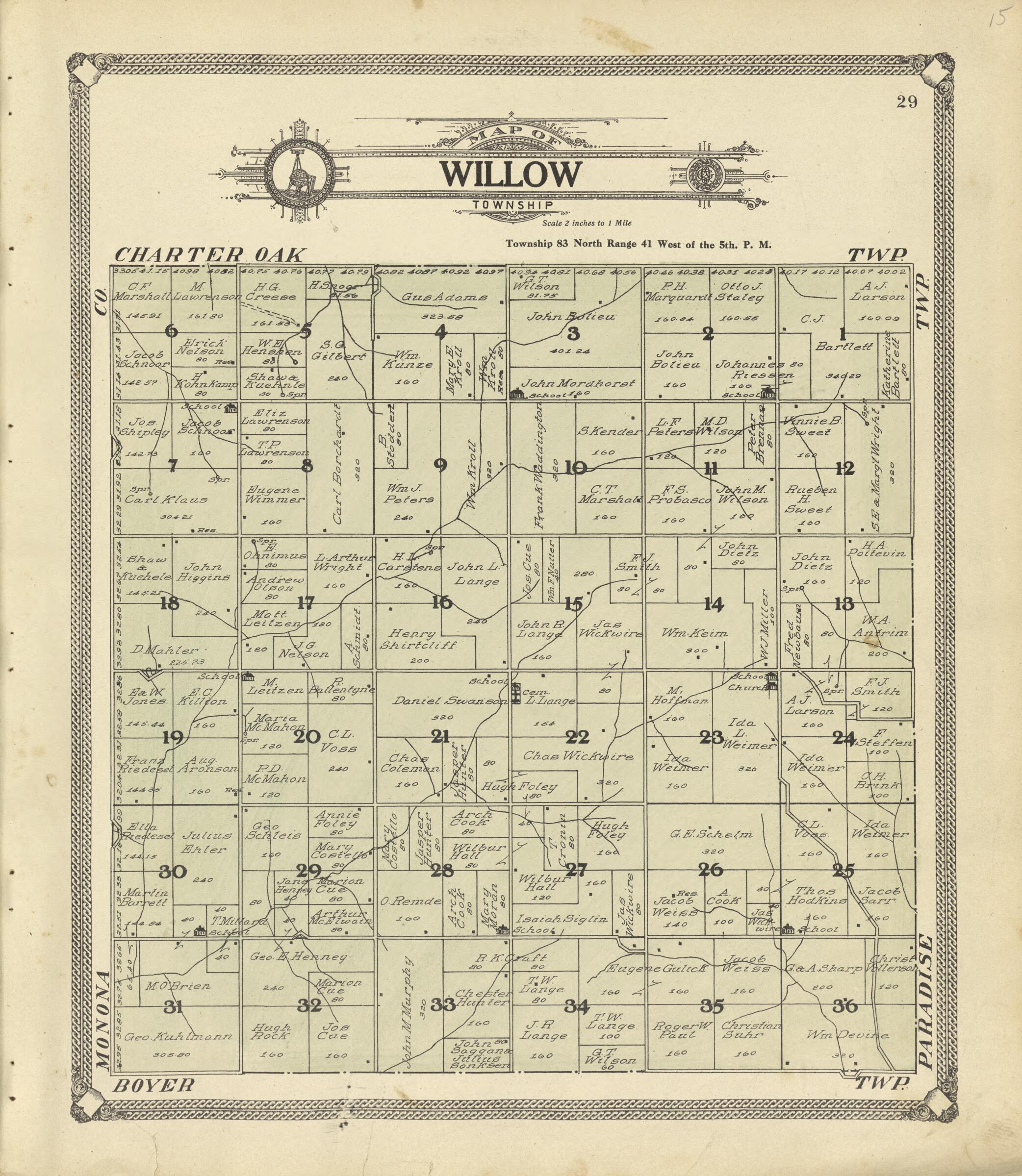 This old map of Map of Willow Township from Standard Atlas of Crawford County, Iowa from 1908 was created by Geo. A. Ogle & Co in 1908