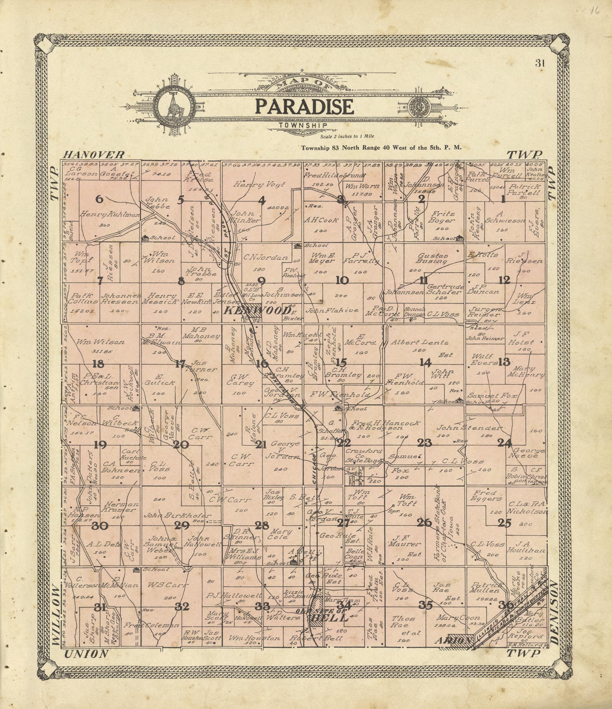 This old map of Map of Paradise Township from Standard Atlas of Crawford County, Iowa from 1908 was created by Geo. A. Ogle & Co in 1908