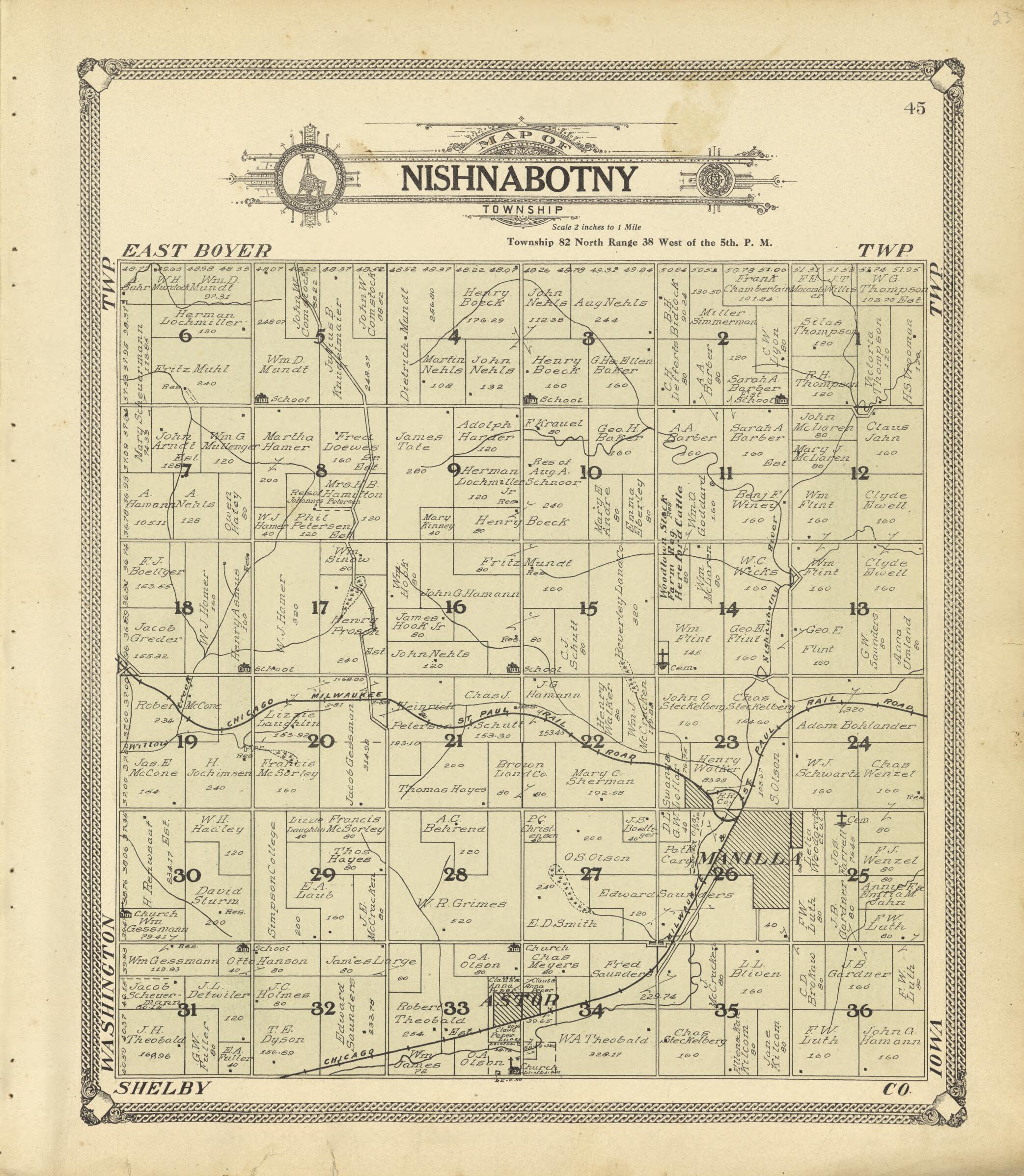 This old map of Map of Nishnabotny Township from Standard Atlas of Crawford County, Iowa from 1908 was created by Geo. A. Ogle & Co in 1908