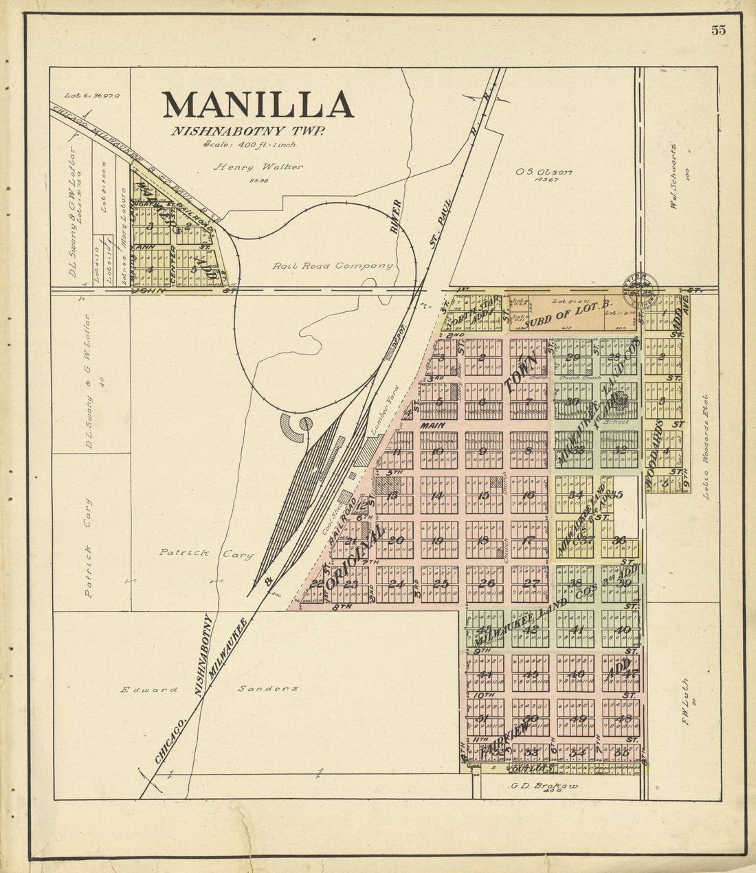 This old map of Manilla, Nishnabotny Twp. from Standard Atlas of Crawford County, Iowa from 1908 was created by Geo. A. Ogle & Co in 1908