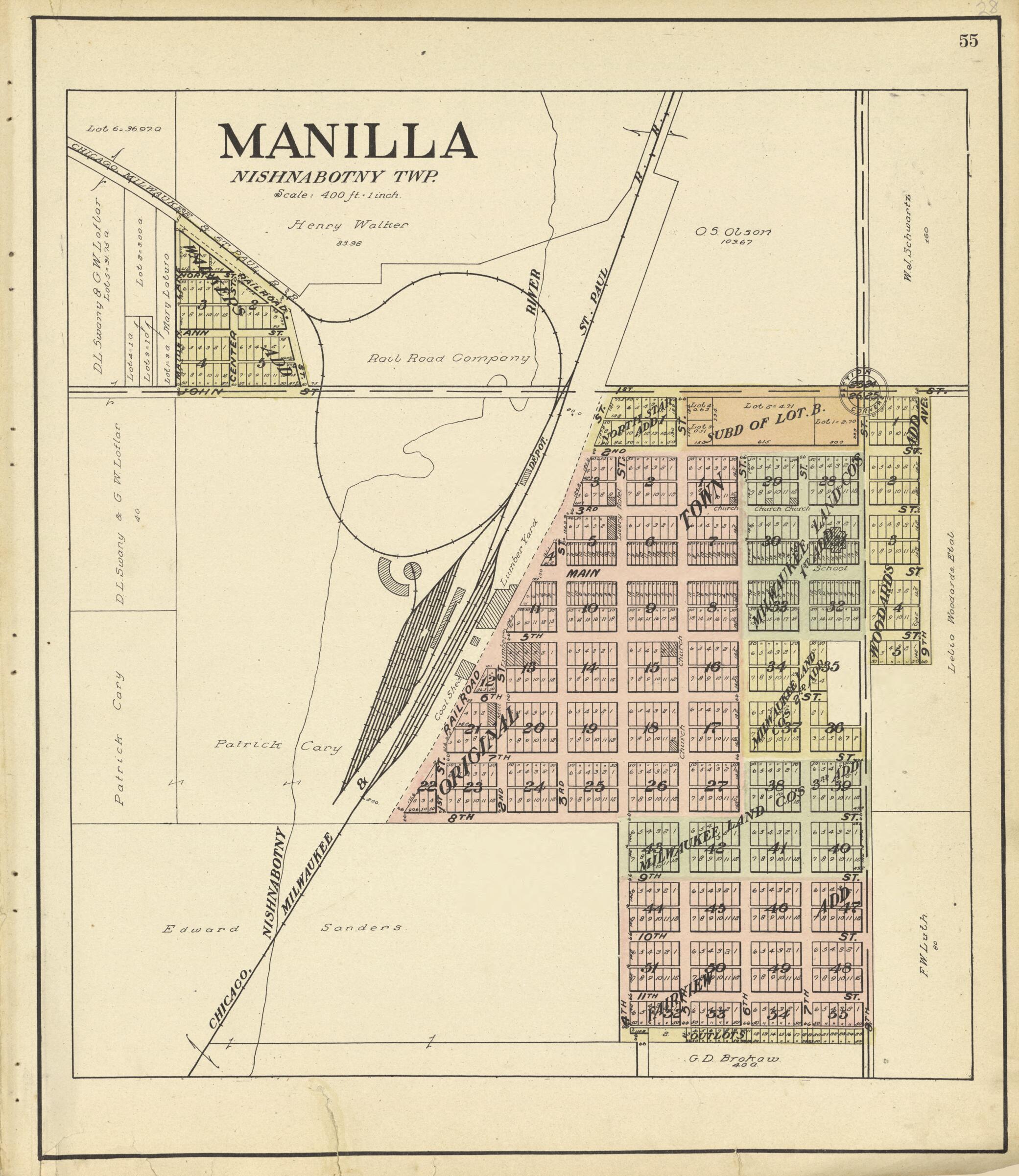 This old map of Manilla, Nishnabotny Twp. from Standard Atlas of Crawford County, Iowa from 1908 was created by Geo. A. Ogle & Co in 1908