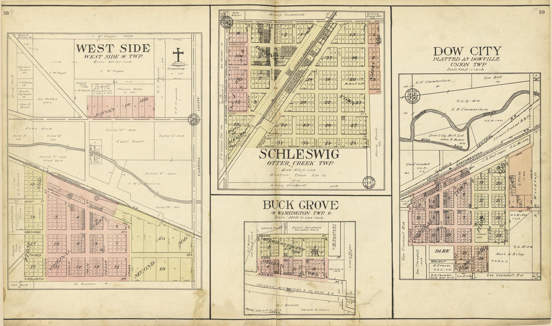 This old map of West Side; Schleswig; Dow City (Platted As Dowville); Buck Grove from Standard Atlas of Crawford County, Iowa from 1908 was created by Geo. A. Ogle & Co in 1908