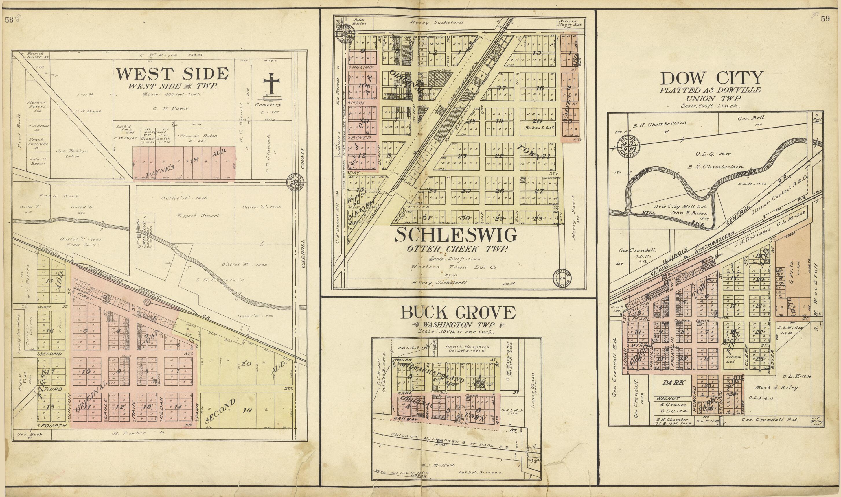 This old map of West Side; Schleswig; Dow City (Platted As Dowville); Buck Grove from Standard Atlas of Crawford County, Iowa from 1908 was created by Geo. A. Ogle & Co in 1908