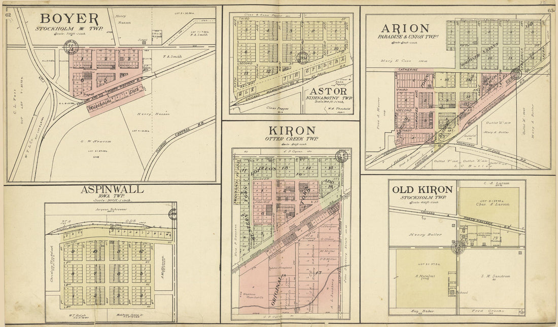 This old map of Boyer; Astor; Arion; Old Kiron; Kiron; Aspinwall from Standard Atlas of Crawford County, Iowa from 1908 was created by Geo. A. Ogle & Co in 1908