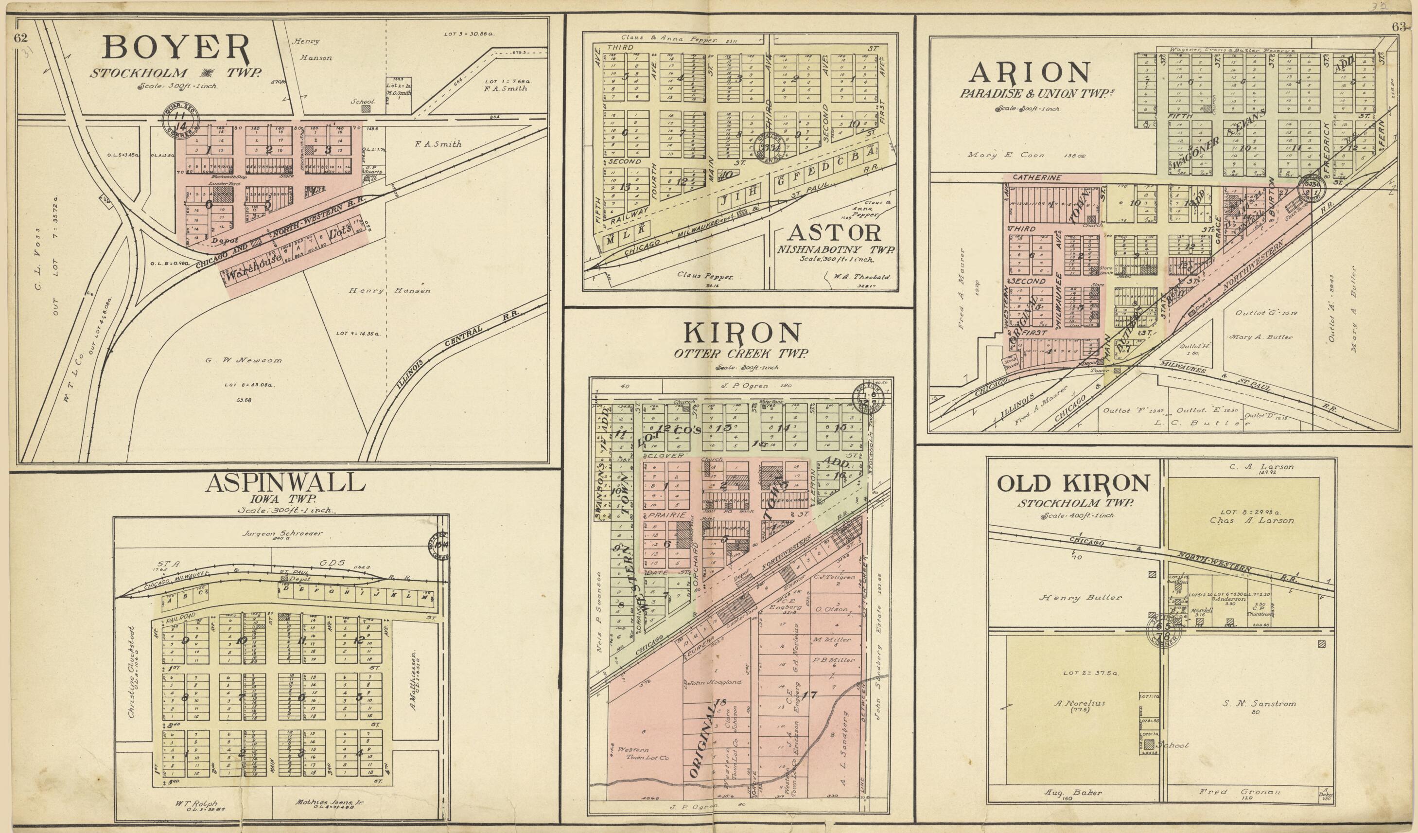 This old map of Boyer; Astor; Arion; Old Kiron; Kiron; Aspinwall from Standard Atlas of Crawford County, Iowa from 1908 was created by Geo. A. Ogle & Co in 1908