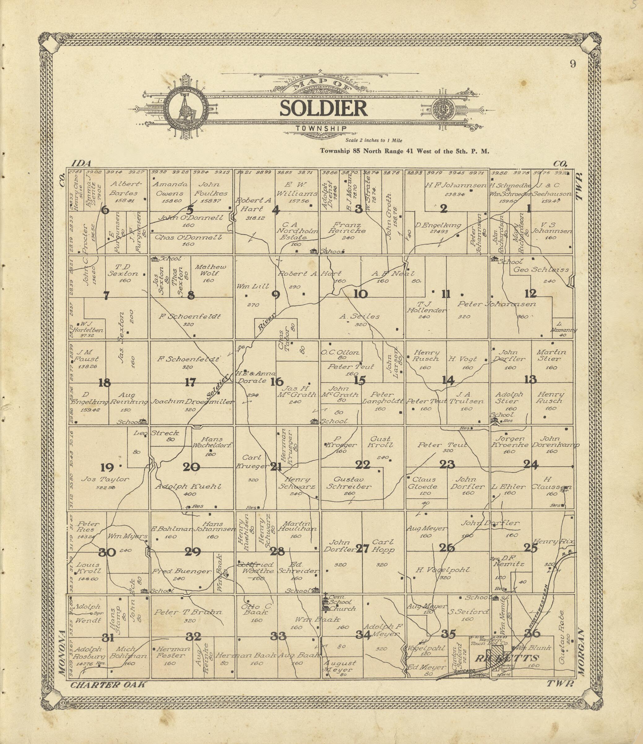 This old map of Map of Soldier Township from Standard Atlas of Crawford County, Iowa from 1908 was created by Geo. A. Ogle & Co in 1908