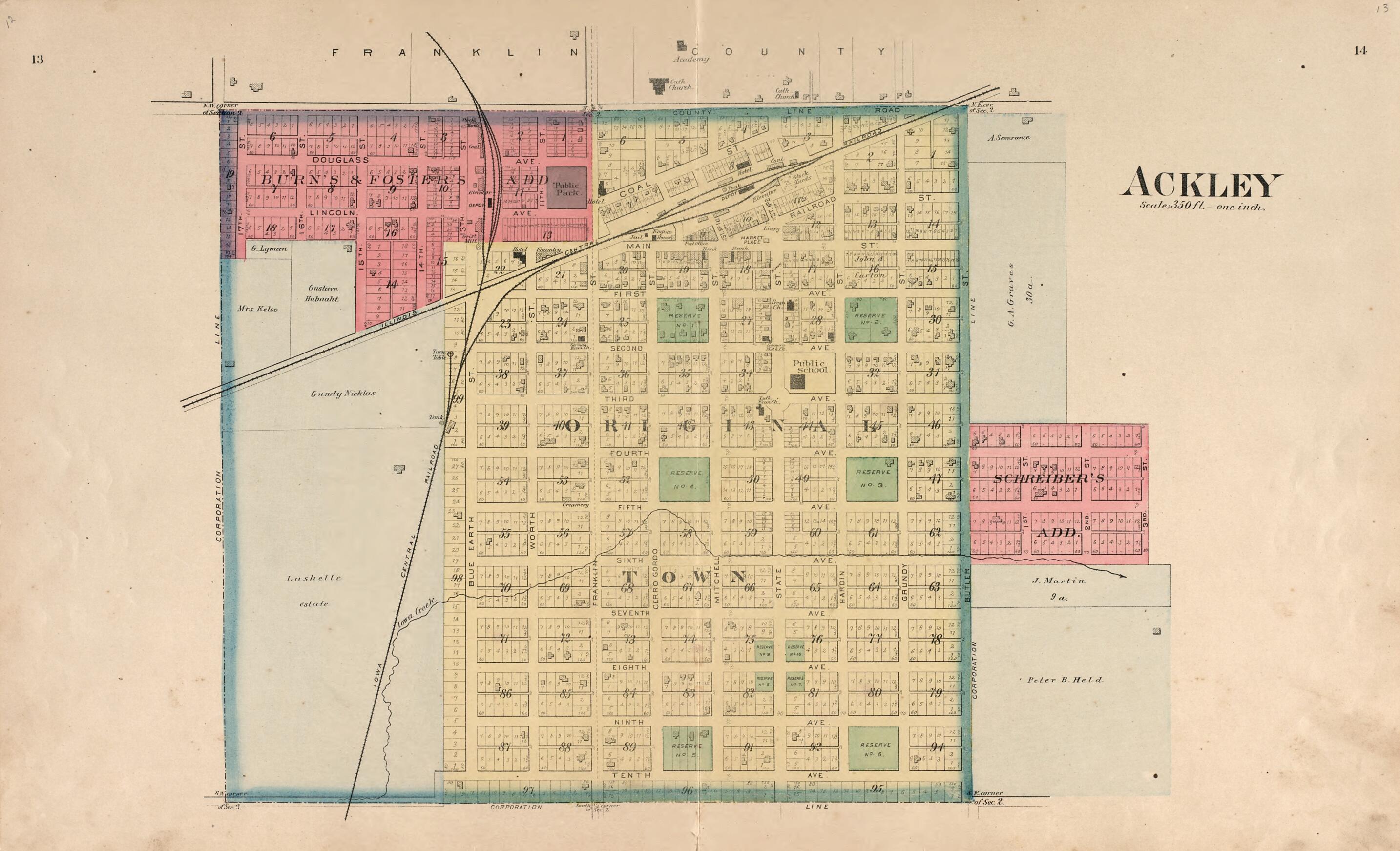 This old map of Ackley from Plat Book of Hardin County, Iowa from 1892 was created by North West Publishing Co in 1892