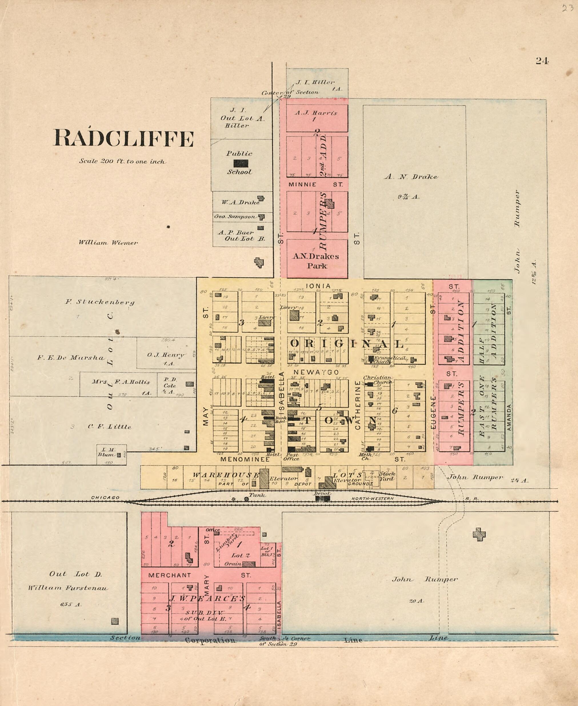 This old map of Radcliffe from Plat Book of Hardin County, Iowa from 1892 was created by North West Publishing Co in 1892