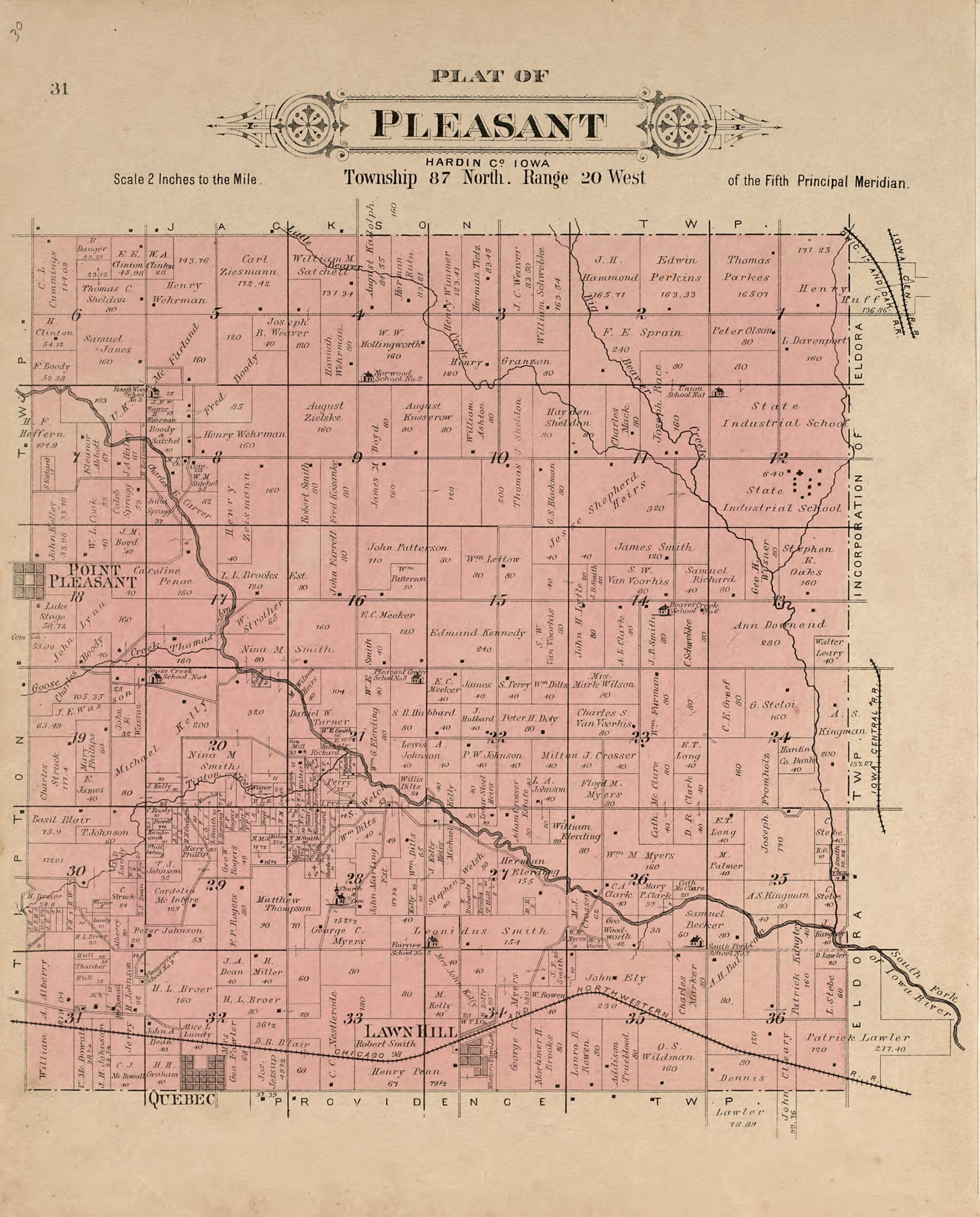 This old map of Plat of Pleasant from Plat Book of Hardin County, Iowa from 1892 was created by North West Publishing Co in 1892