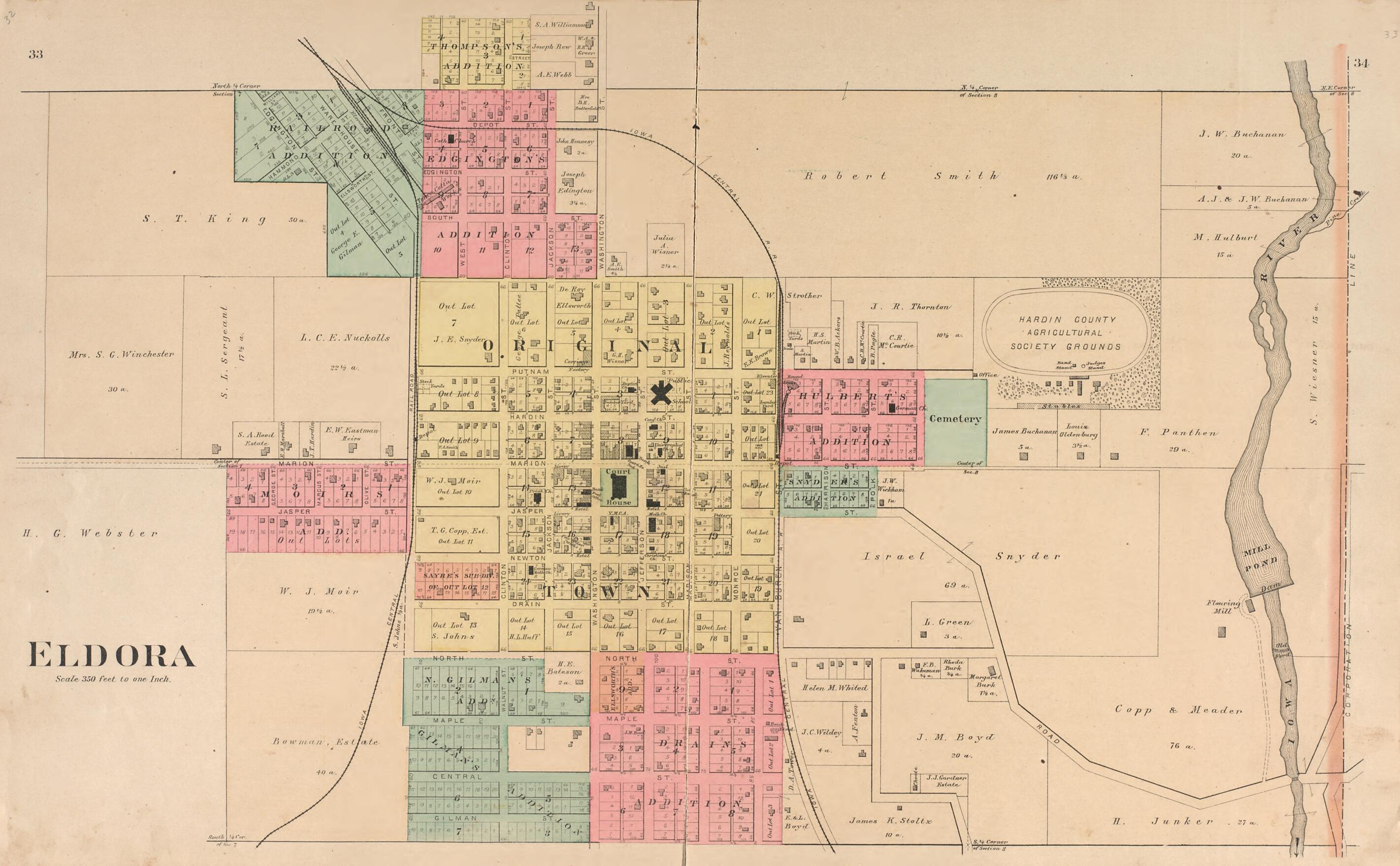 This old map of Eldora from Plat Book of Hardin County, Iowa from 1892 was created by North West Publishing Co in 1892