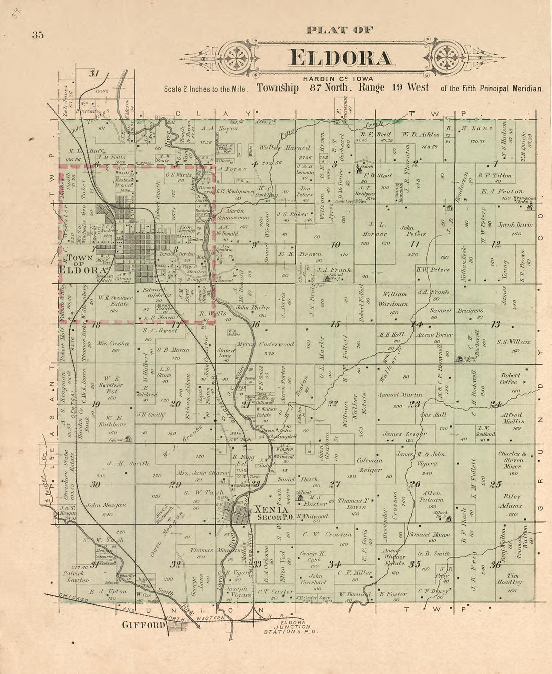 This old map of Plat of Eldora from Plat Book of Hardin County, Iowa from 1892 was created by North West Publishing Co in 1892
