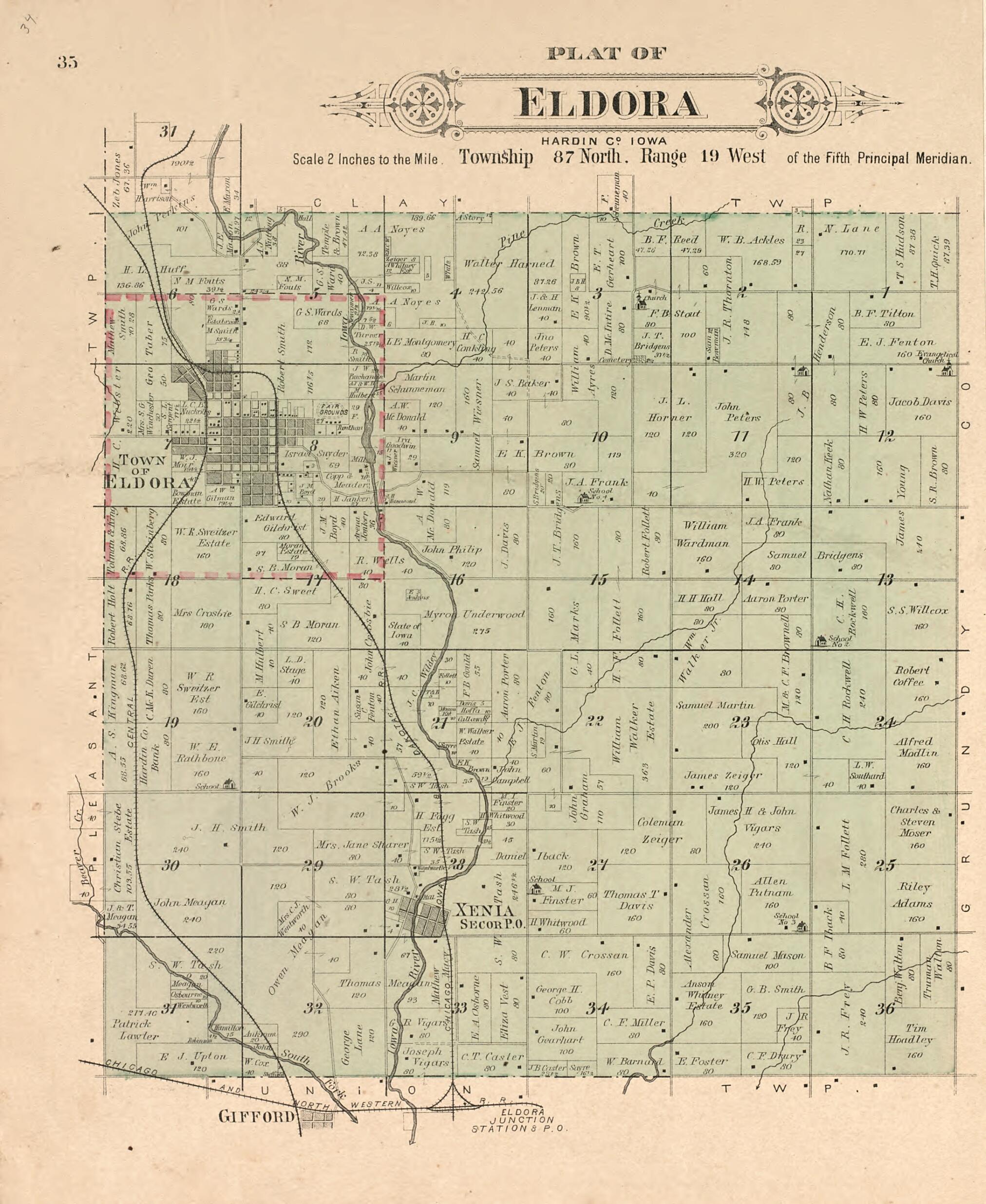 This old map of Plat of Eldora from Plat Book of Hardin County, Iowa from 1892 was created by North West Publishing Co in 1892