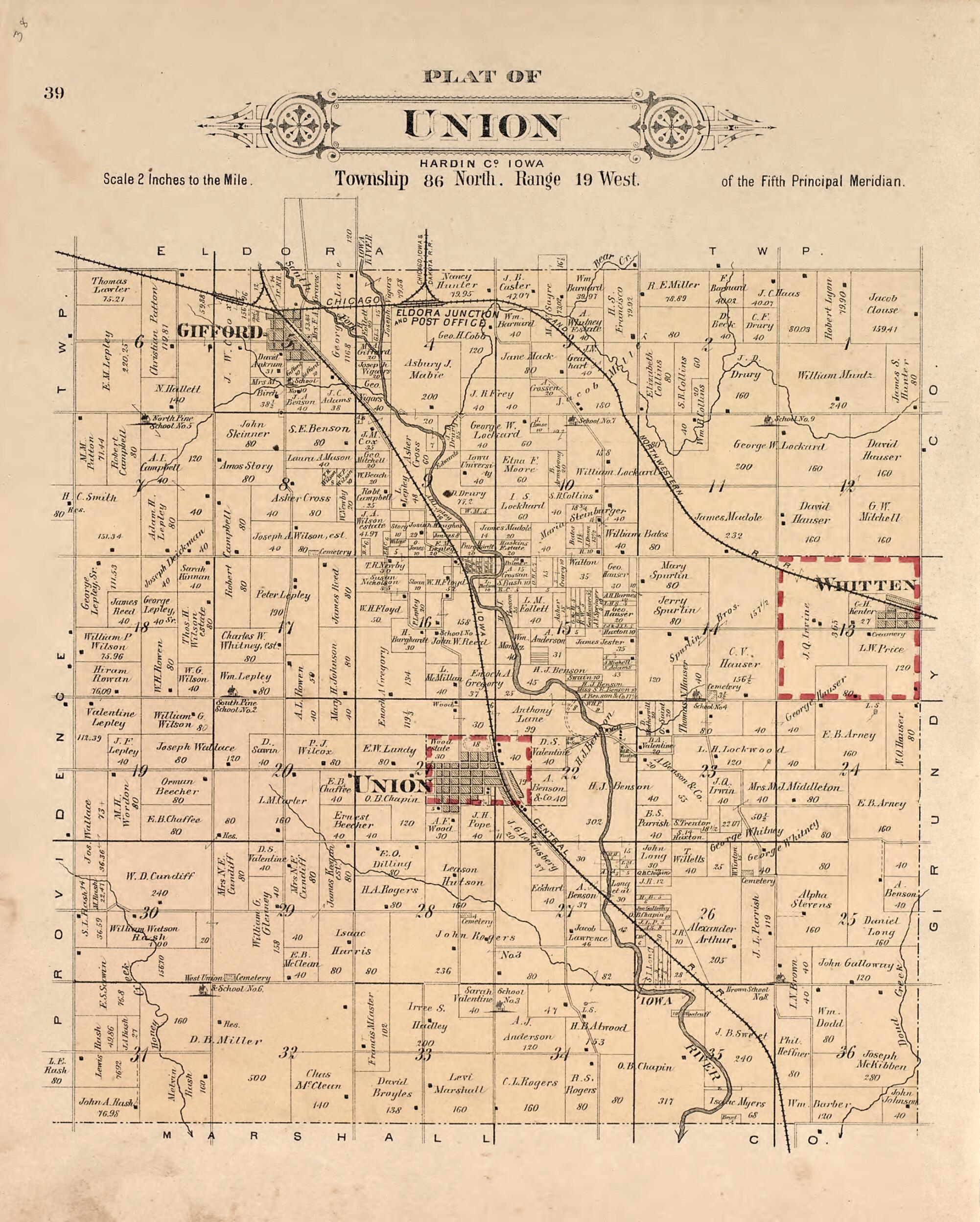 This old map of Plat of Union from Plat Book of Hardin County, Iowa from 1892 was created by North West Publishing Co in 1892