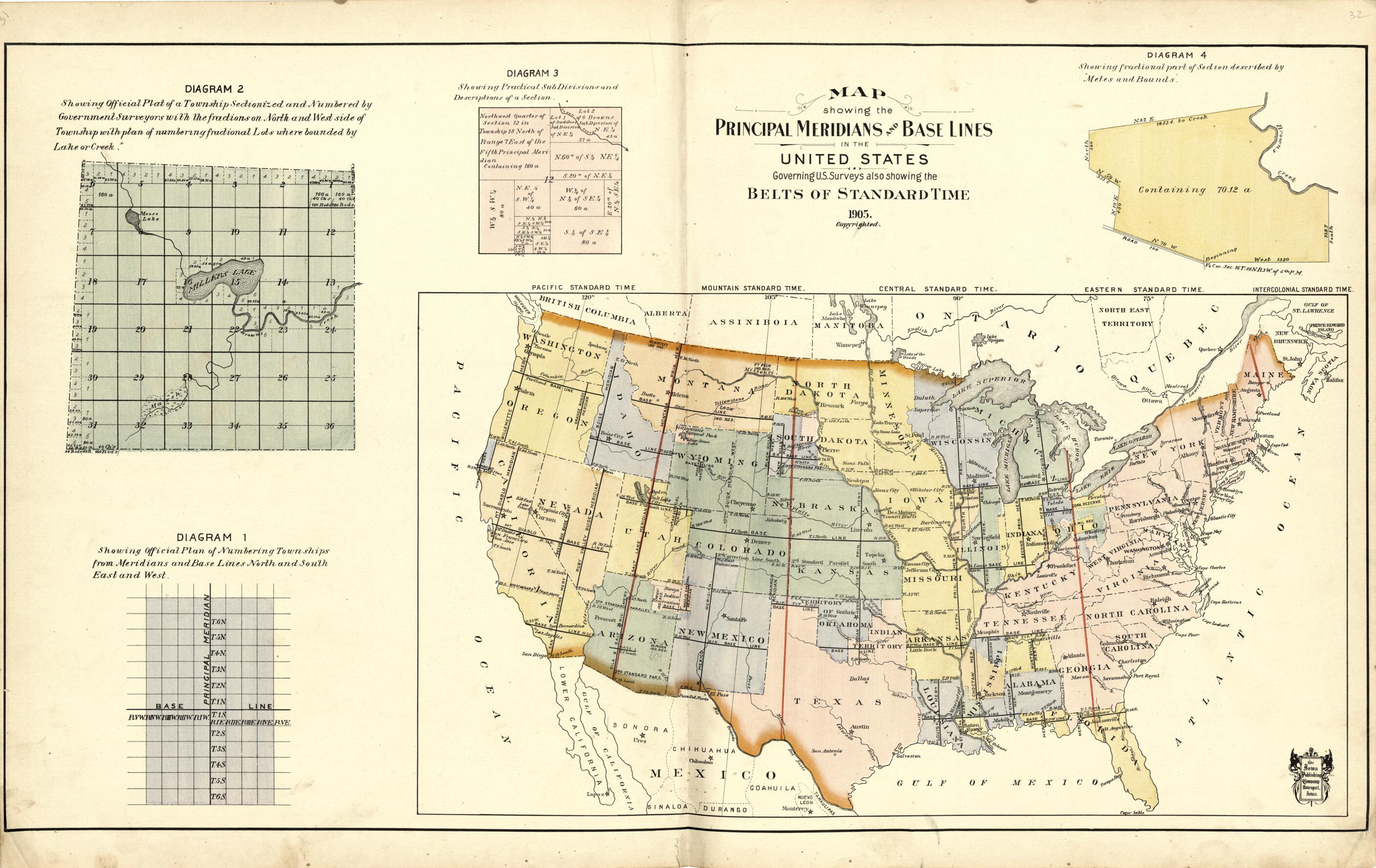 This old map of Map Showing the Principal Meridians and Base Lines; Diagrams Describing System from Atlas of Ida County, Iowa from 1906 was created by Iowa Publishing Co in 1906
