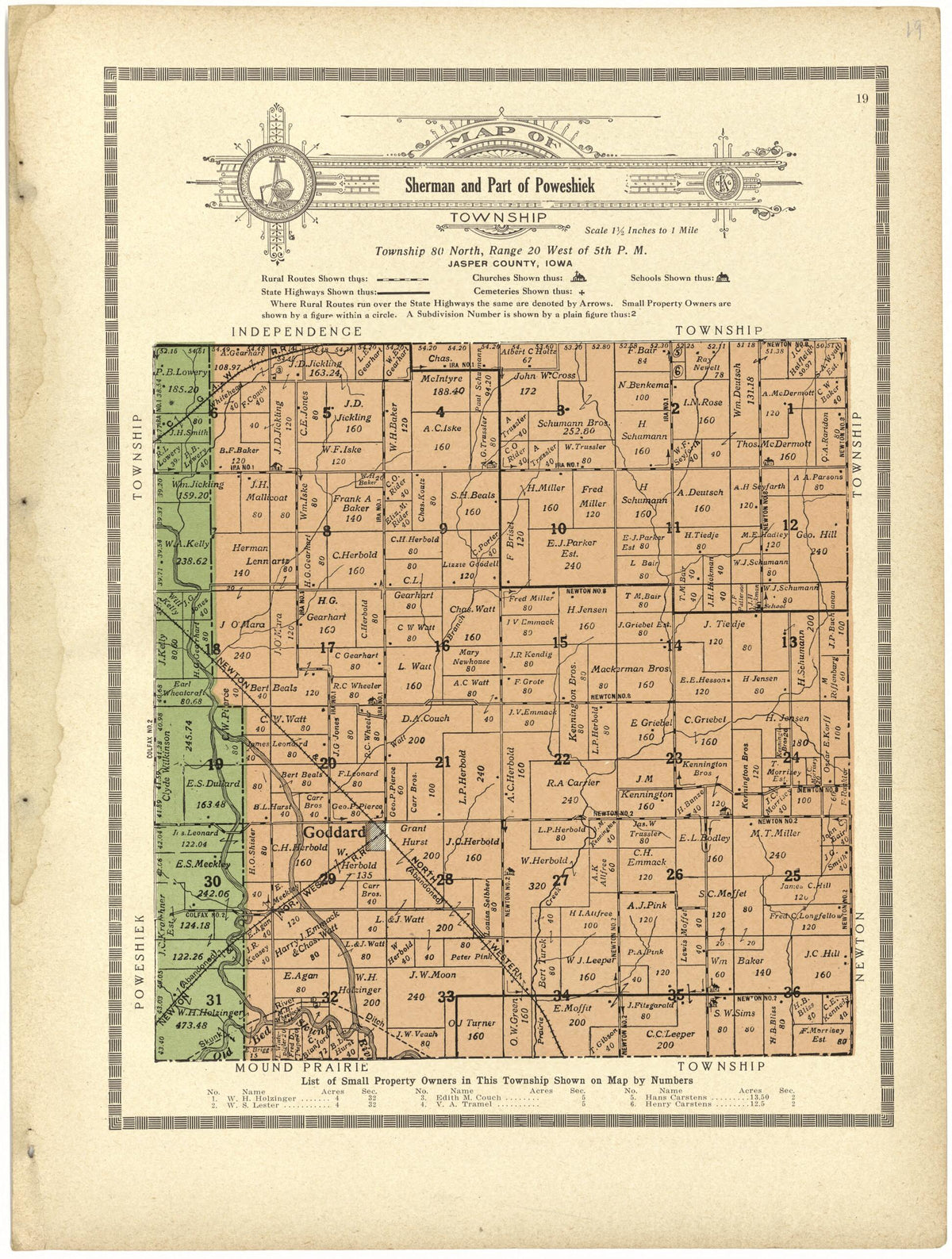 Map of Sherman and Part of Poweshiek Township from Standard Atlas and Directory of Jasper County, Iowa 1914 by Relic Map Company