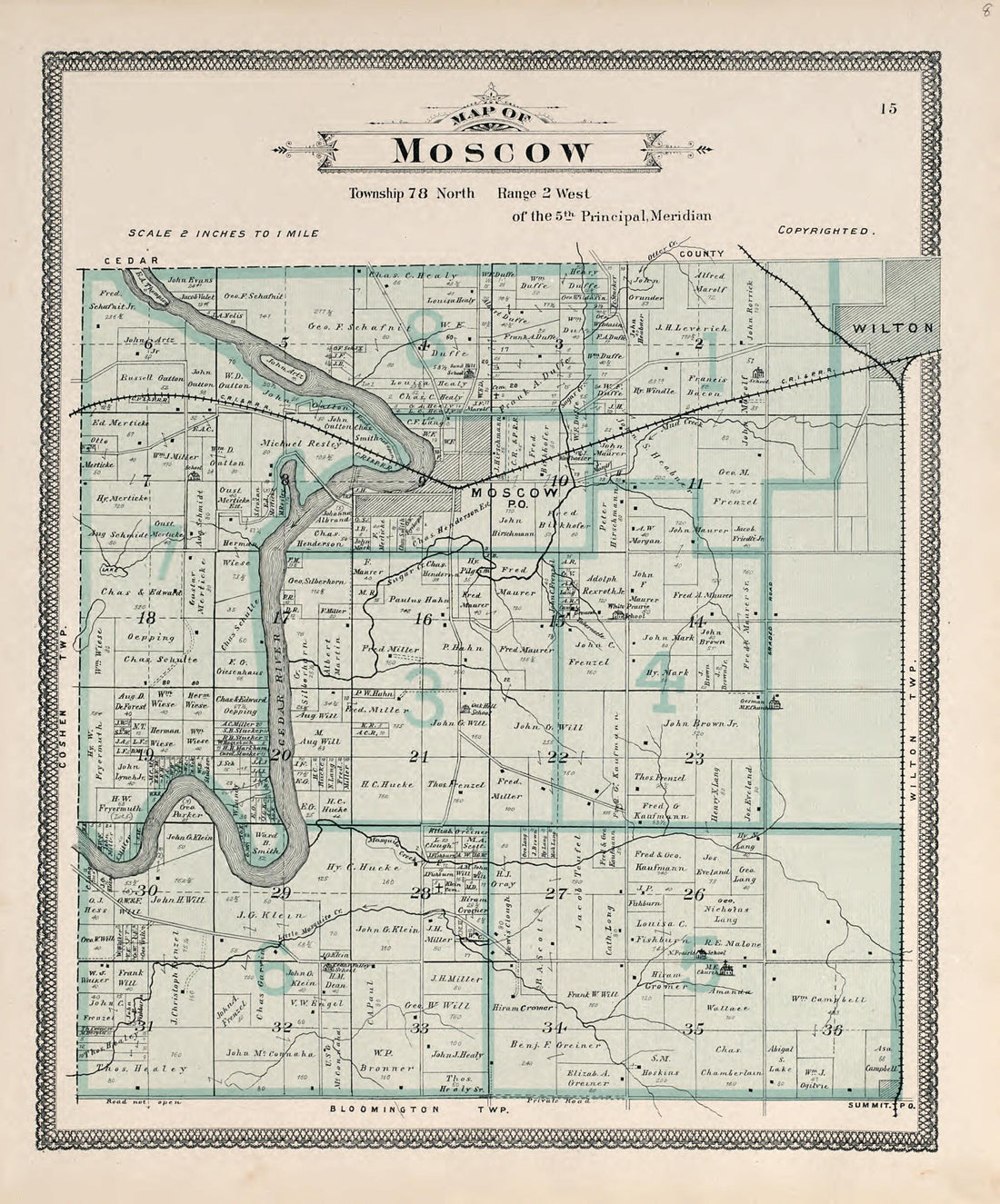 This old map of Map of Moscow from Atlas of Muscatine County, Iowa from 1899 was created by Huebinger Surveying and Map Publishing Co in 1899
