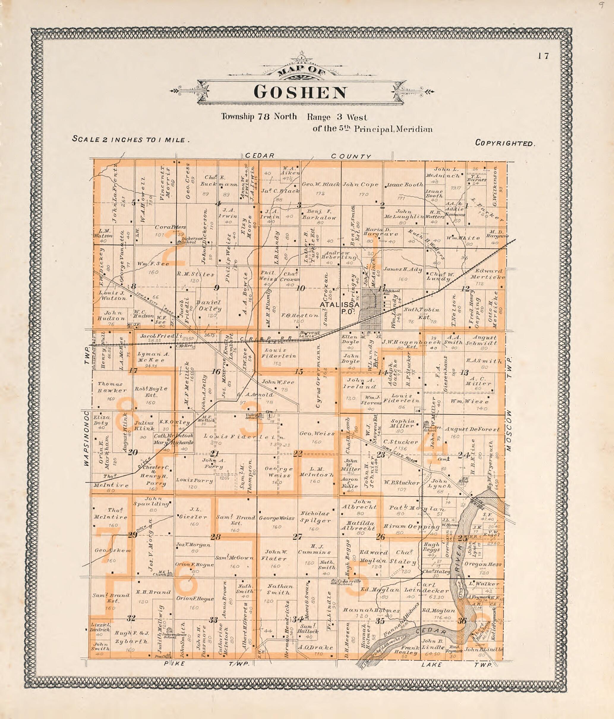 This old map of Map of Goshen from Atlas of Muscatine County, Iowa from 1899 was created by Huebinger Surveying and Map Publishing Co in 1899