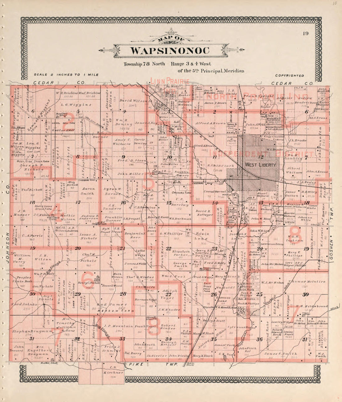 This old map of Map of Wapsinonoc from Atlas of Muscatine County, Iowa from 1899 was created by Huebinger Surveying and Map Publishing Co in 1899