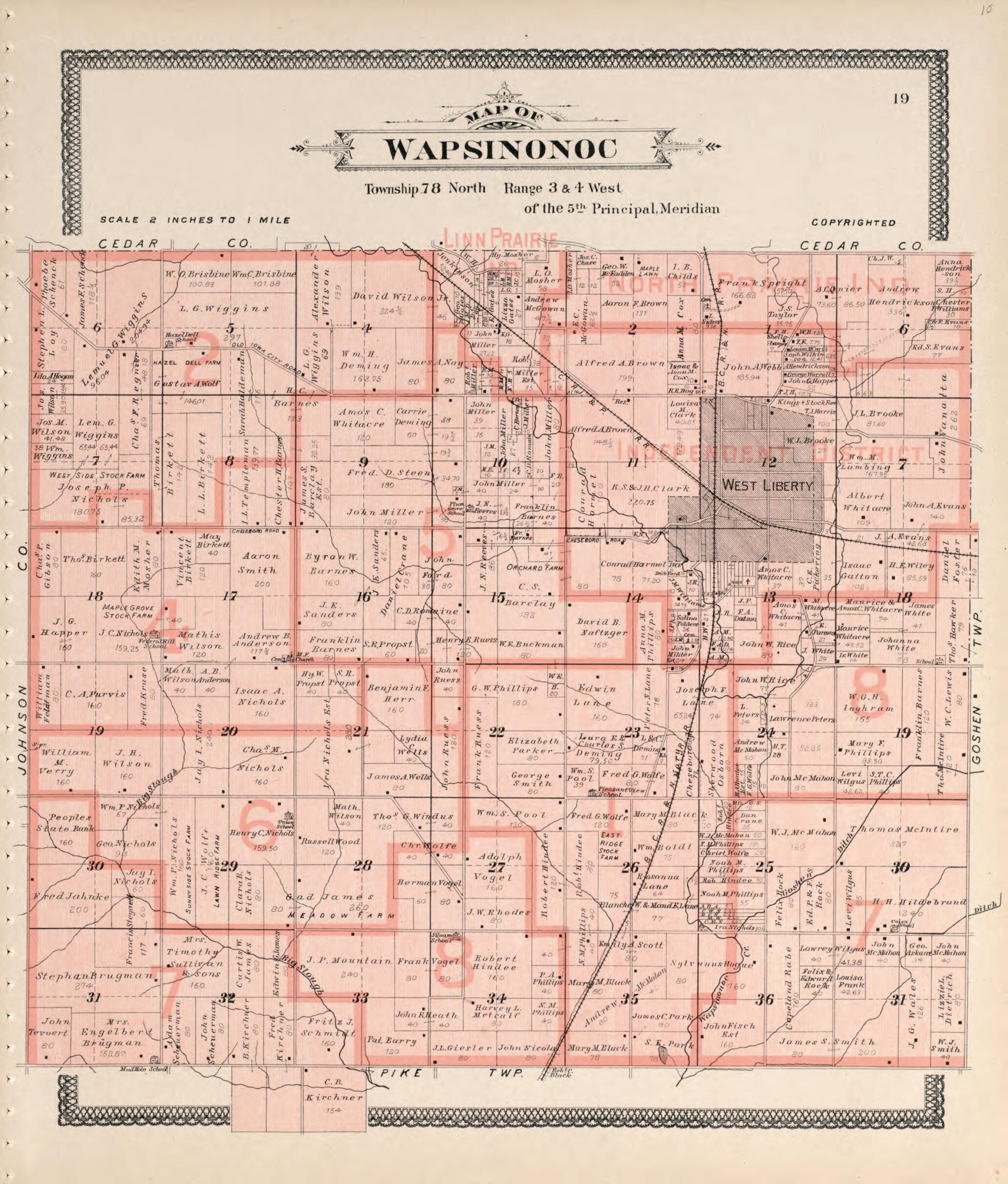 This old map of Map of Wapsinonoc from Atlas of Muscatine County, Iowa from 1899 was created by Huebinger Surveying and Map Publishing Co in 1899