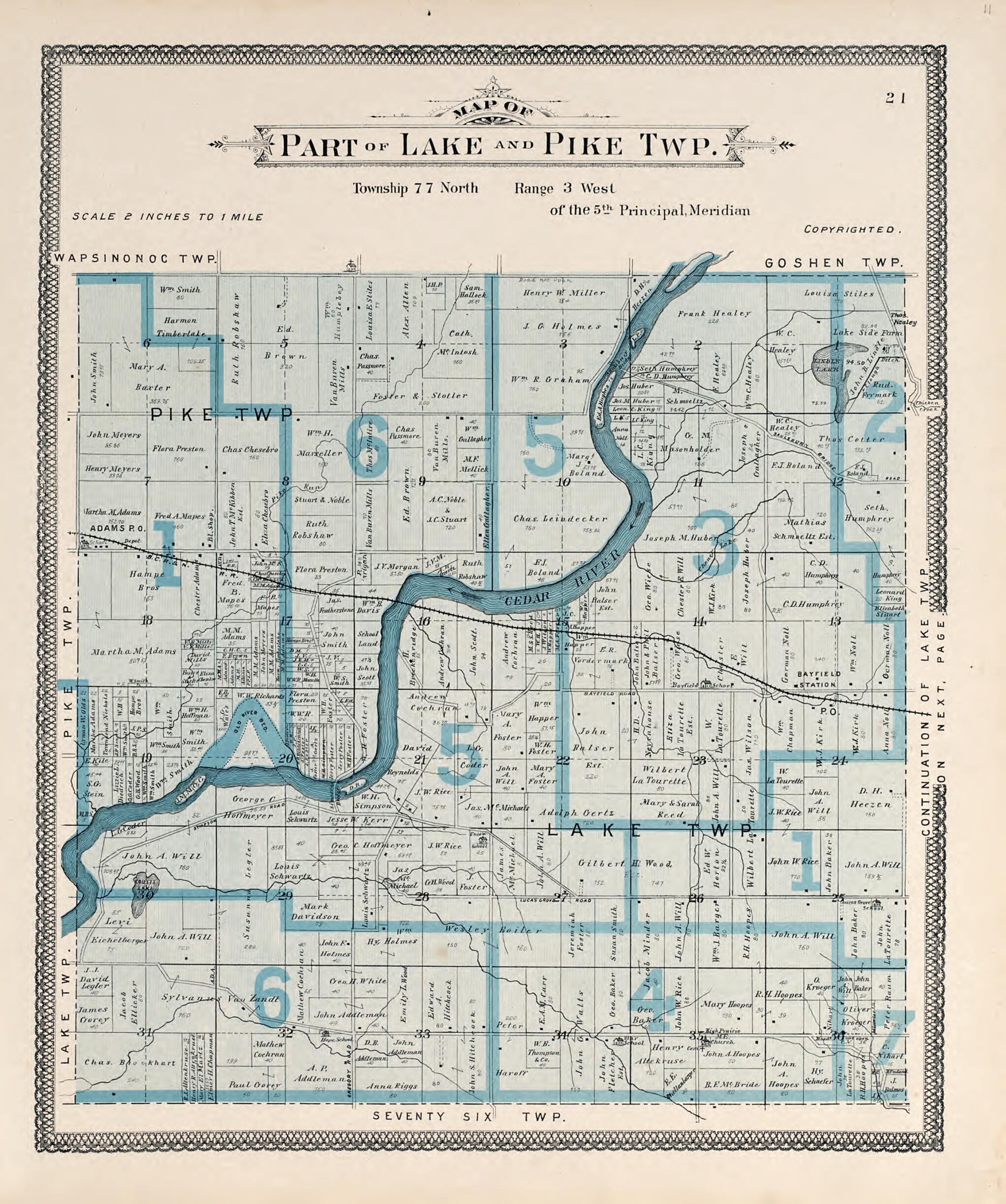 This old map of Map of Part of Lake and Pike Twp. from Atlas of Muscatine County, Iowa from 1899 was created by Huebinger Surveying and Map Publishing Co in 1899