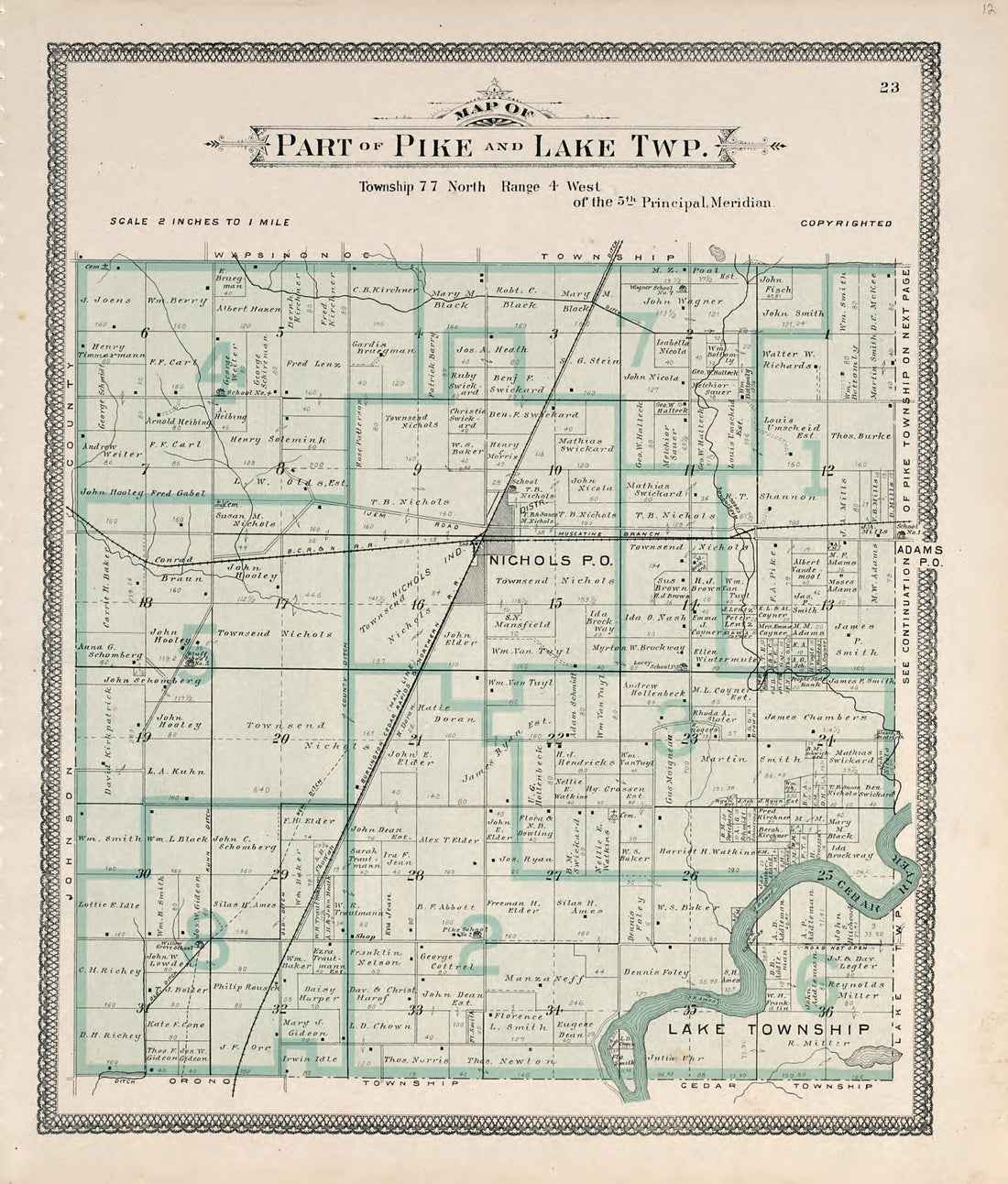 This old map of Map of Part of Pike and Lake Twp. from Atlas of Muscatine County, Iowa from 1899 was created by Huebinger Surveying and Map Publishing Co in 1899