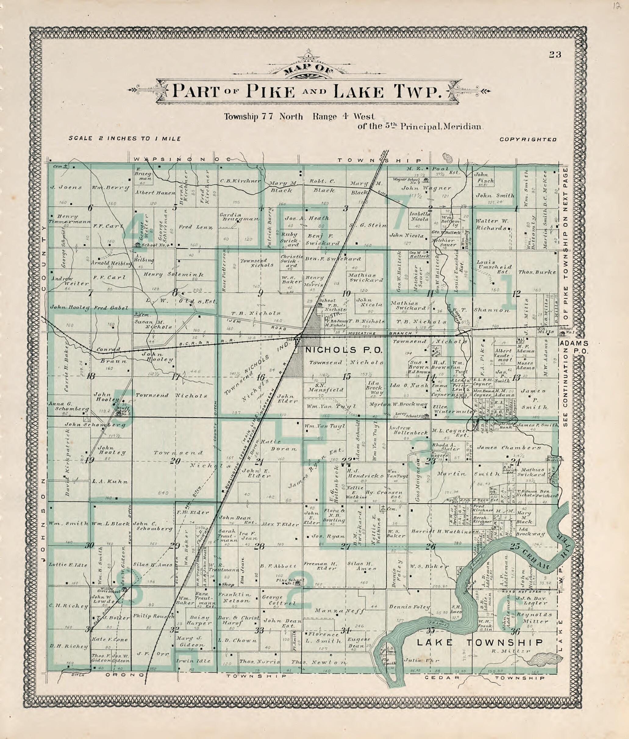 This old map of Map of Part of Pike and Lake Twp. from Atlas of Muscatine County, Iowa from 1899 was created by Huebinger Surveying and Map Publishing Co in 1899