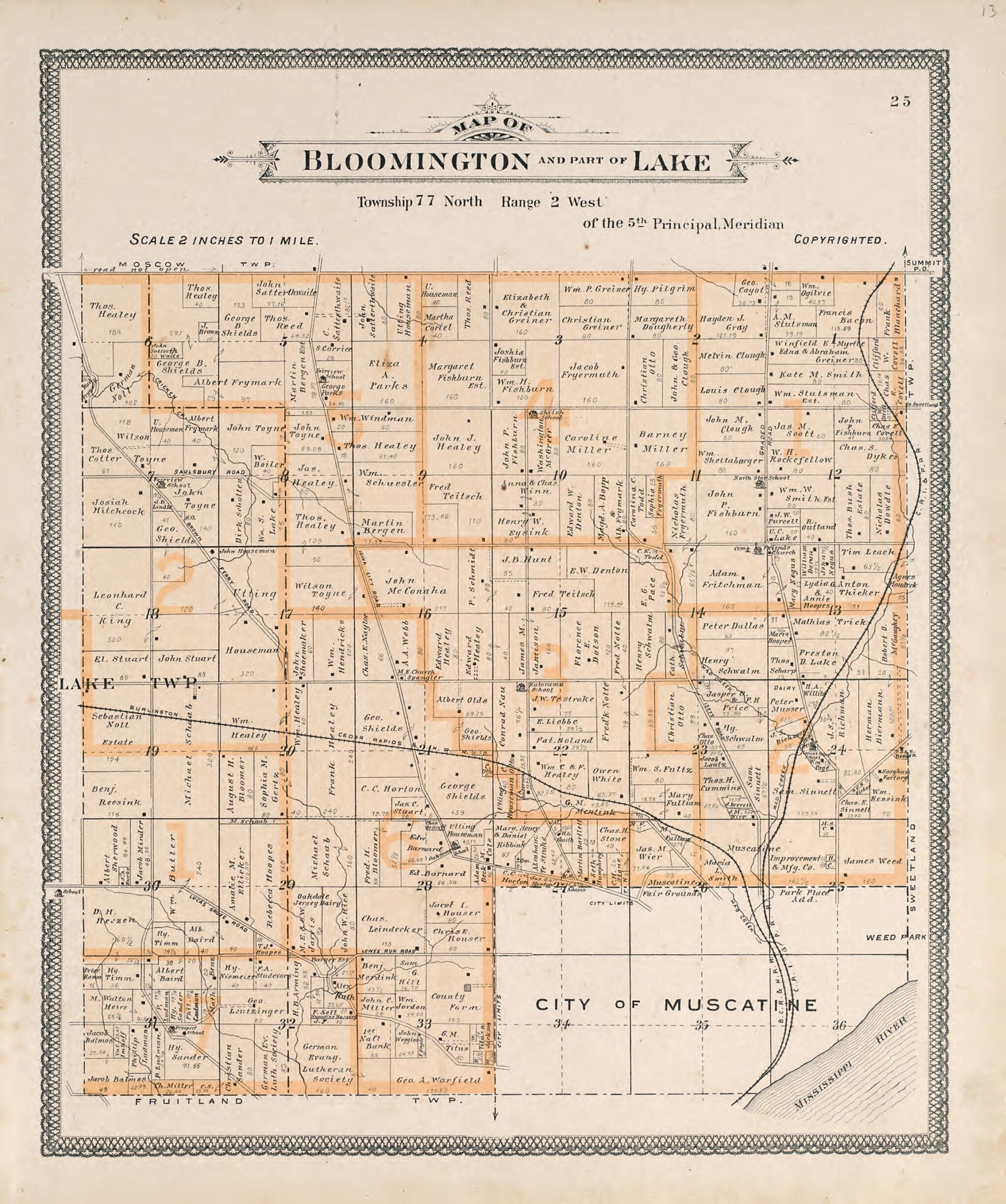 This old map of Map of Bloomington and Part of Lake from Atlas of Muscatine County, Iowa from 1899 was created by Huebinger Surveying and Map Publishing Co in 1899