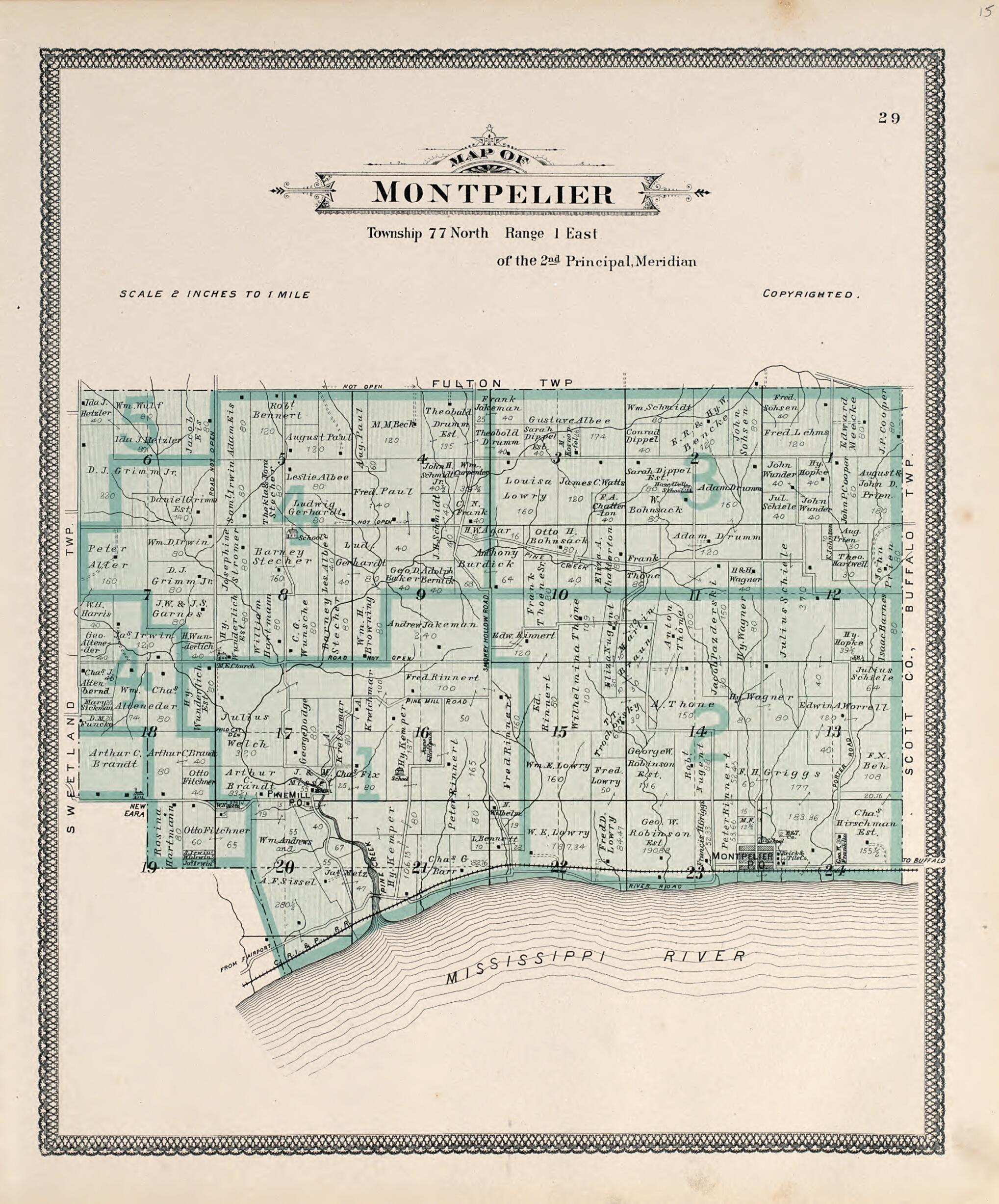 This old map of Map of Montpelier from Atlas of Muscatine County, Iowa from 1899 was created by Huebinger Surveying and Map Publishing Co in 1899