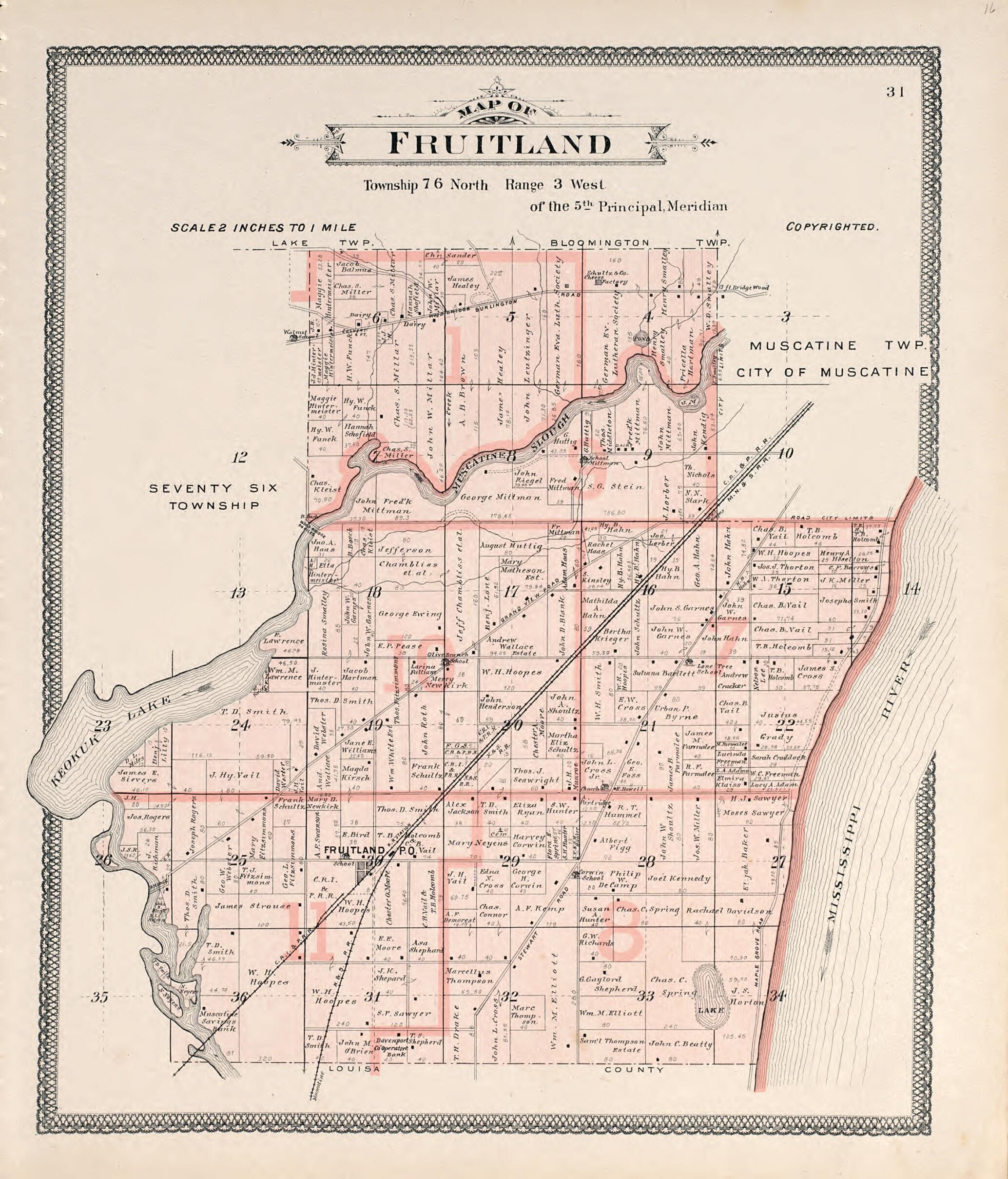 This old map of Map of Fruitland from Atlas of Muscatine County, Iowa from 1899 was created by Huebinger Surveying and Map Publishing Co in 1899