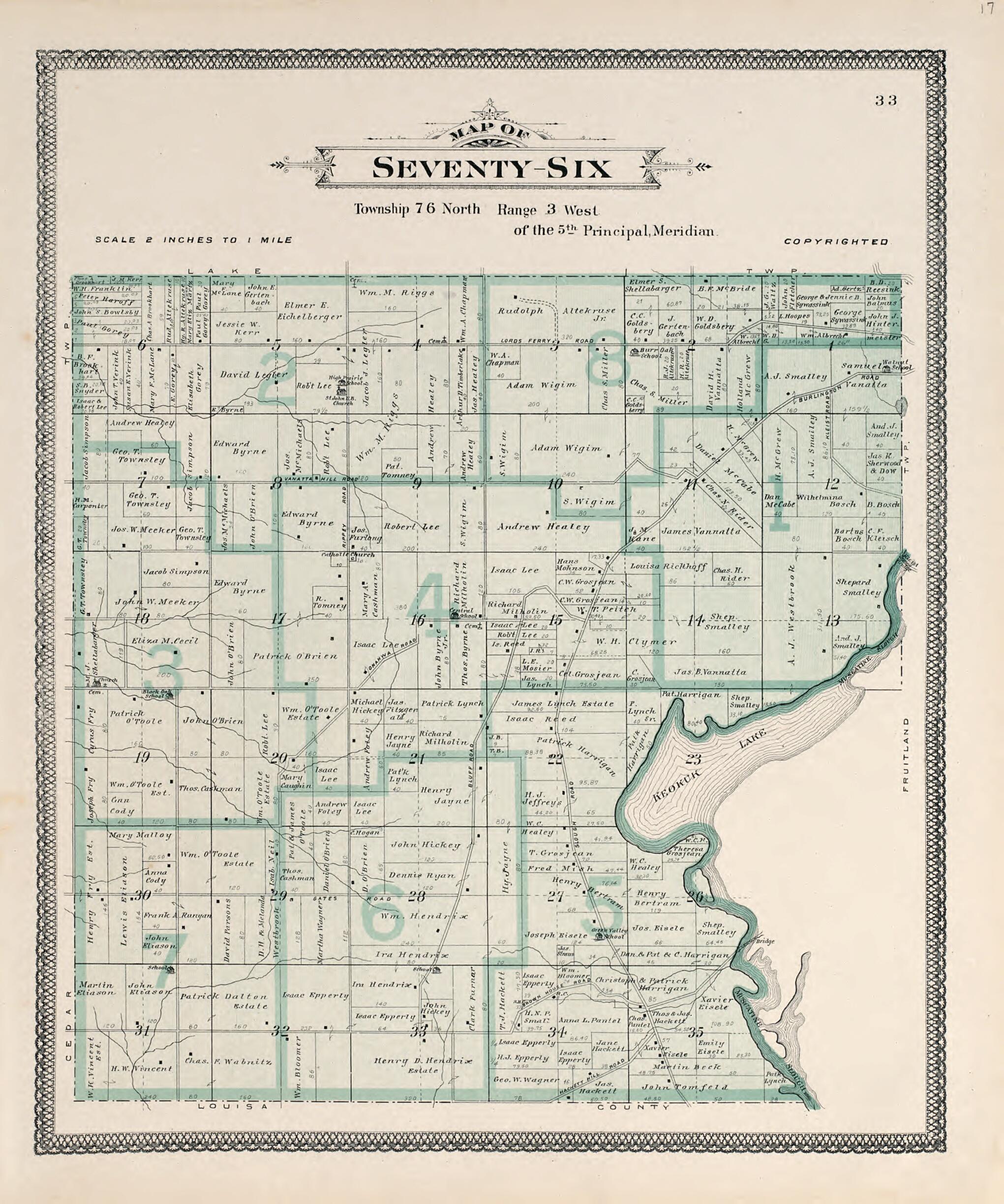 This old map of Map of Seventy-Six from Atlas of Muscatine County, Iowa from 1899 was created by Huebinger Surveying and Map Publishing Co in 1899