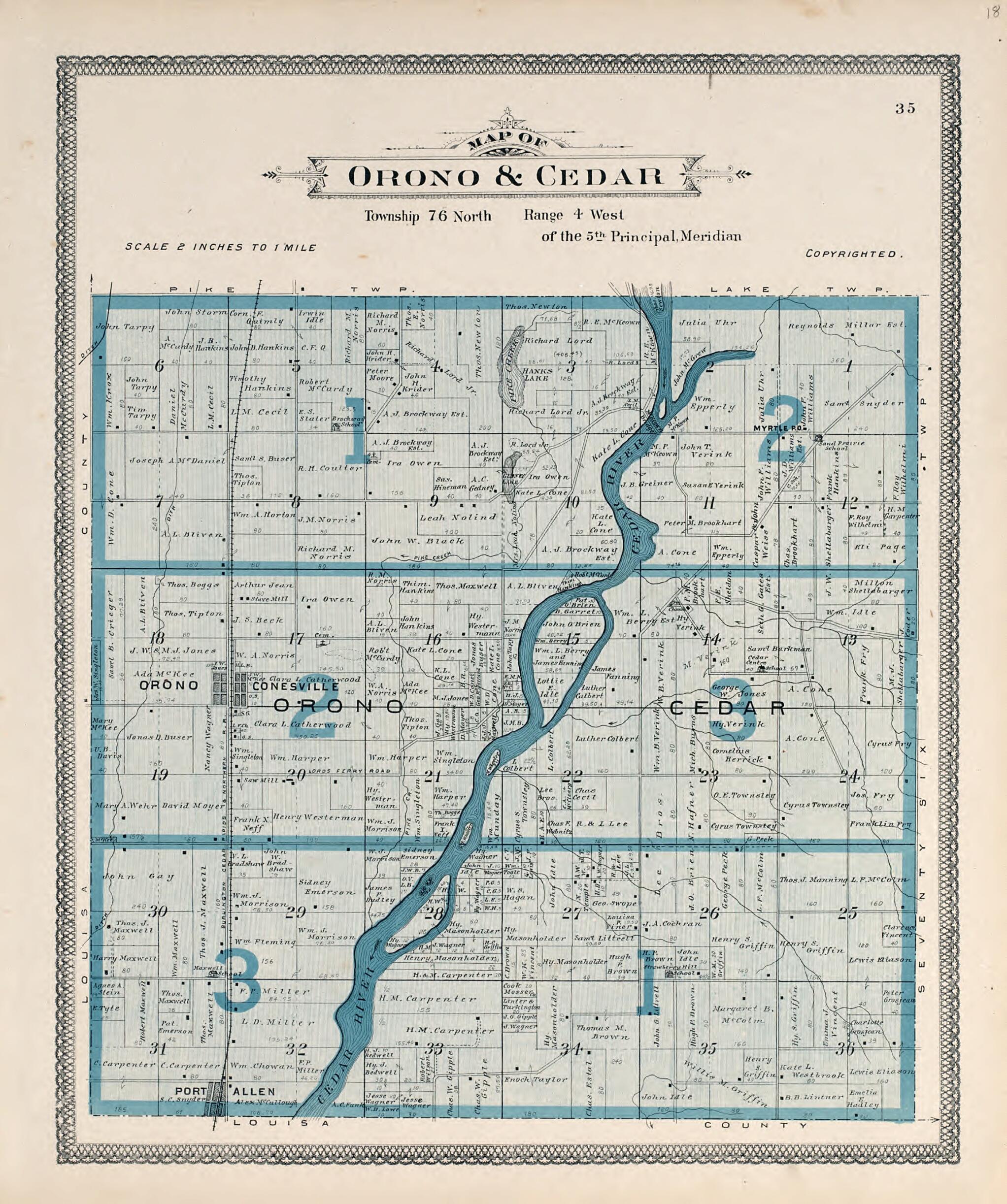 This old map of Map of Orono and Cedar from Atlas of Muscatine County, Iowa from 1899 was created by Huebinger Surveying and Map Publishing Co in 1899