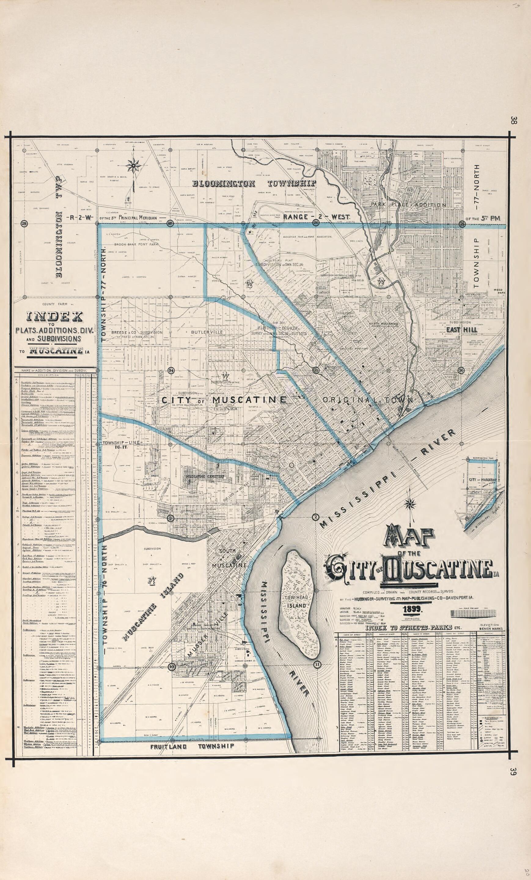 This old map of Map of the City of Muscatine from Atlas of Muscatine County, Iowa from 1899 was created by Huebinger Surveying and Map Publishing Co in 1899