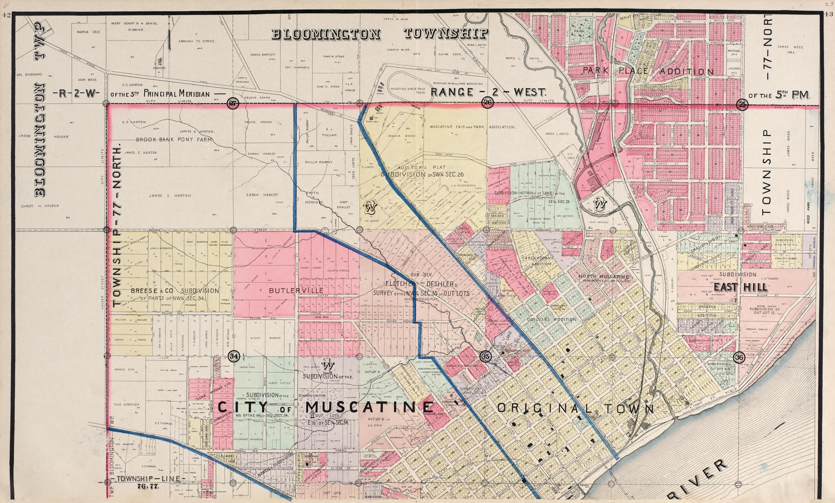 This old map of City of Muscatine from Atlas of Muscatine County, Iowa from 1899 was created by Huebinger Surveying and Map Publishing Co in 1899