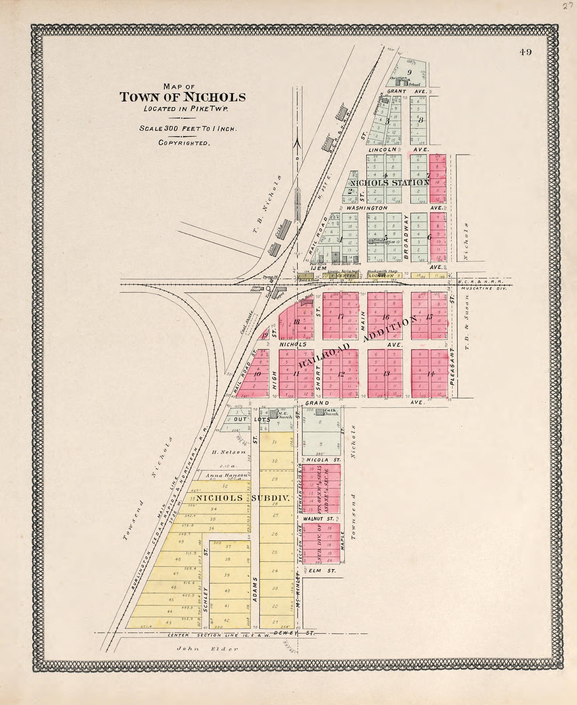 This old map of Map of Town of Nichols from Atlas of Muscatine County, Iowa from 1899 was created by Huebinger Surveying and Map Publishing Co in 1899
