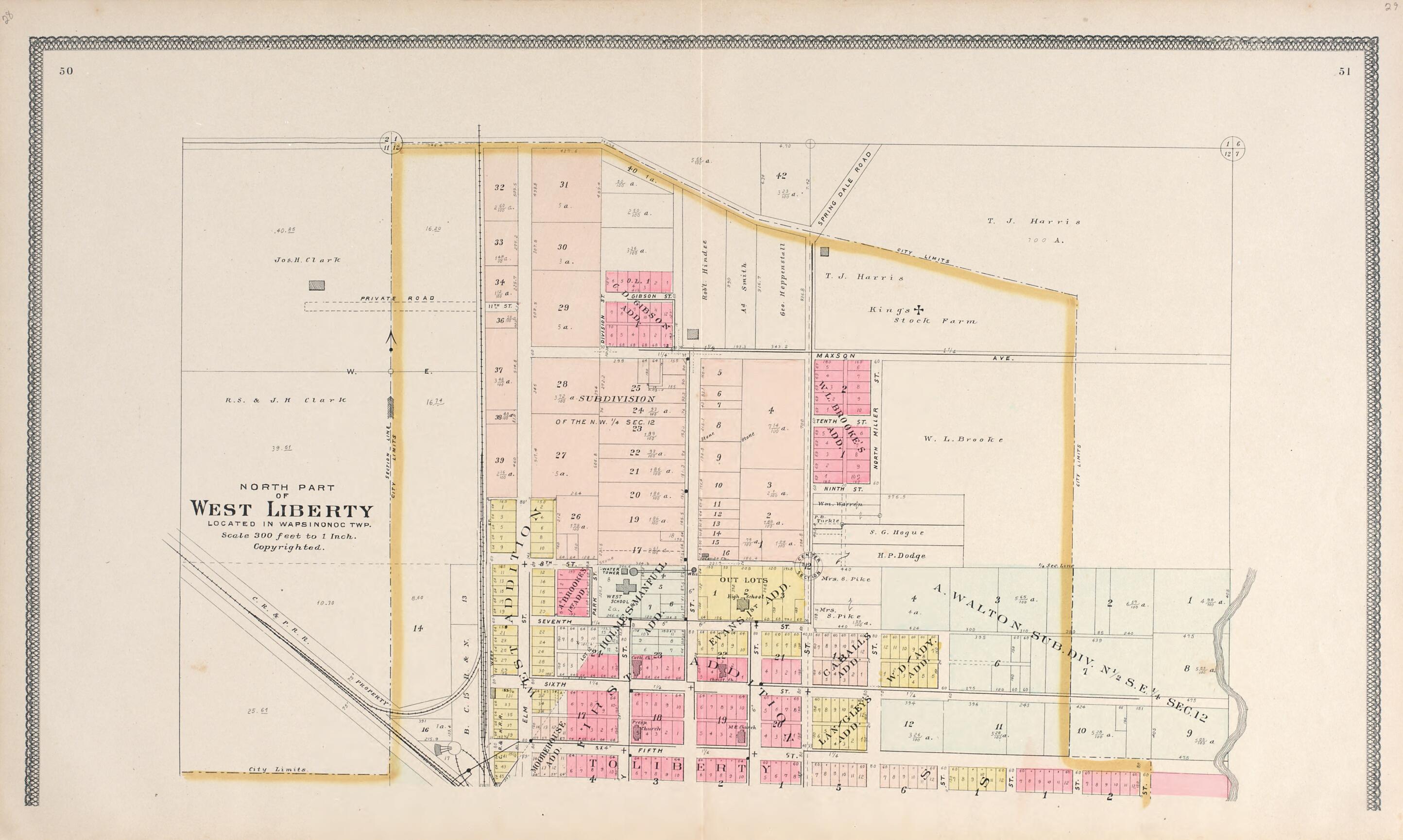 This old map of North Part of West Liberty from Atlas of Muscatine County, Iowa from 1899 was created by Huebinger Surveying and Map Publishing Co in 1899