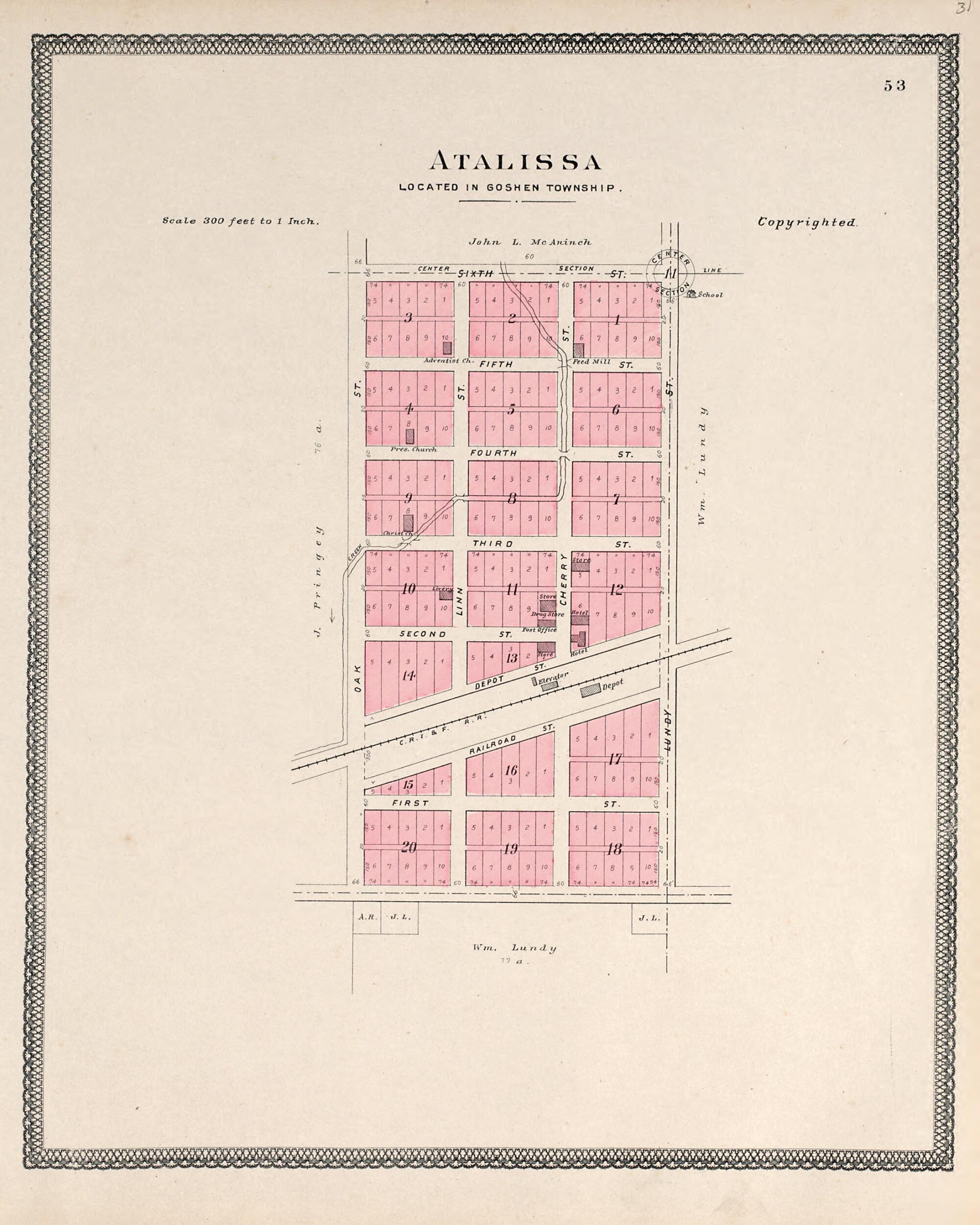 This old map of Atalissa from Atlas of Muscatine County, Iowa from 1899 was created by Huebinger Surveying and Map Publishing Co in 1899