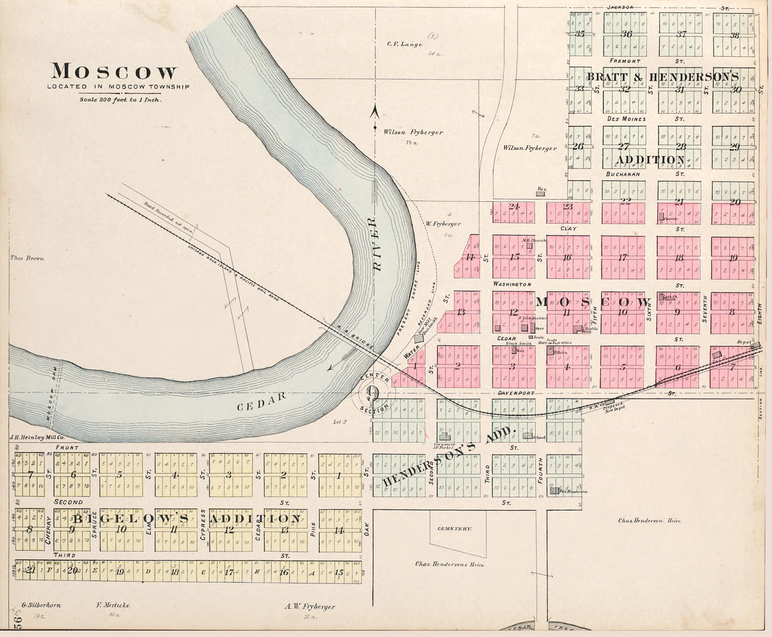This old map of Moscow from Atlas of Muscatine County, Iowa from 1899 was created by Huebinger Surveying and Map Publishing Co in 1899