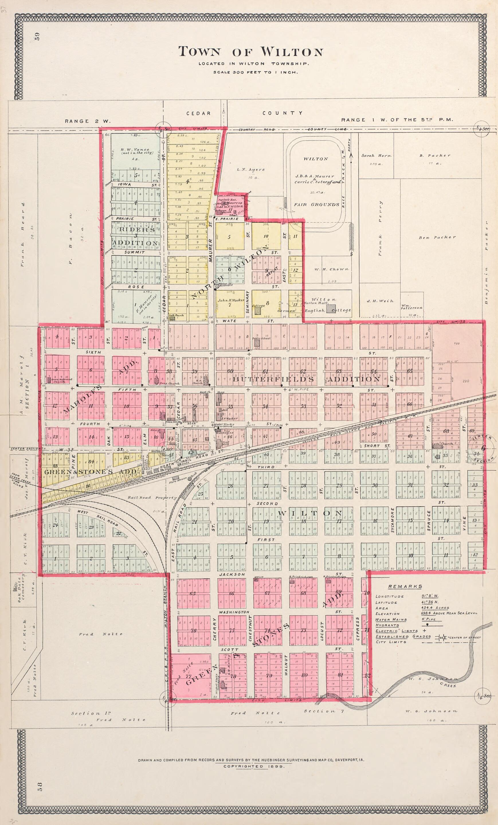 This old map of Town of Wilton from Atlas of Muscatine County, Iowa from 1899 was created by Huebinger Surveying and Map Publishing Co in 1899