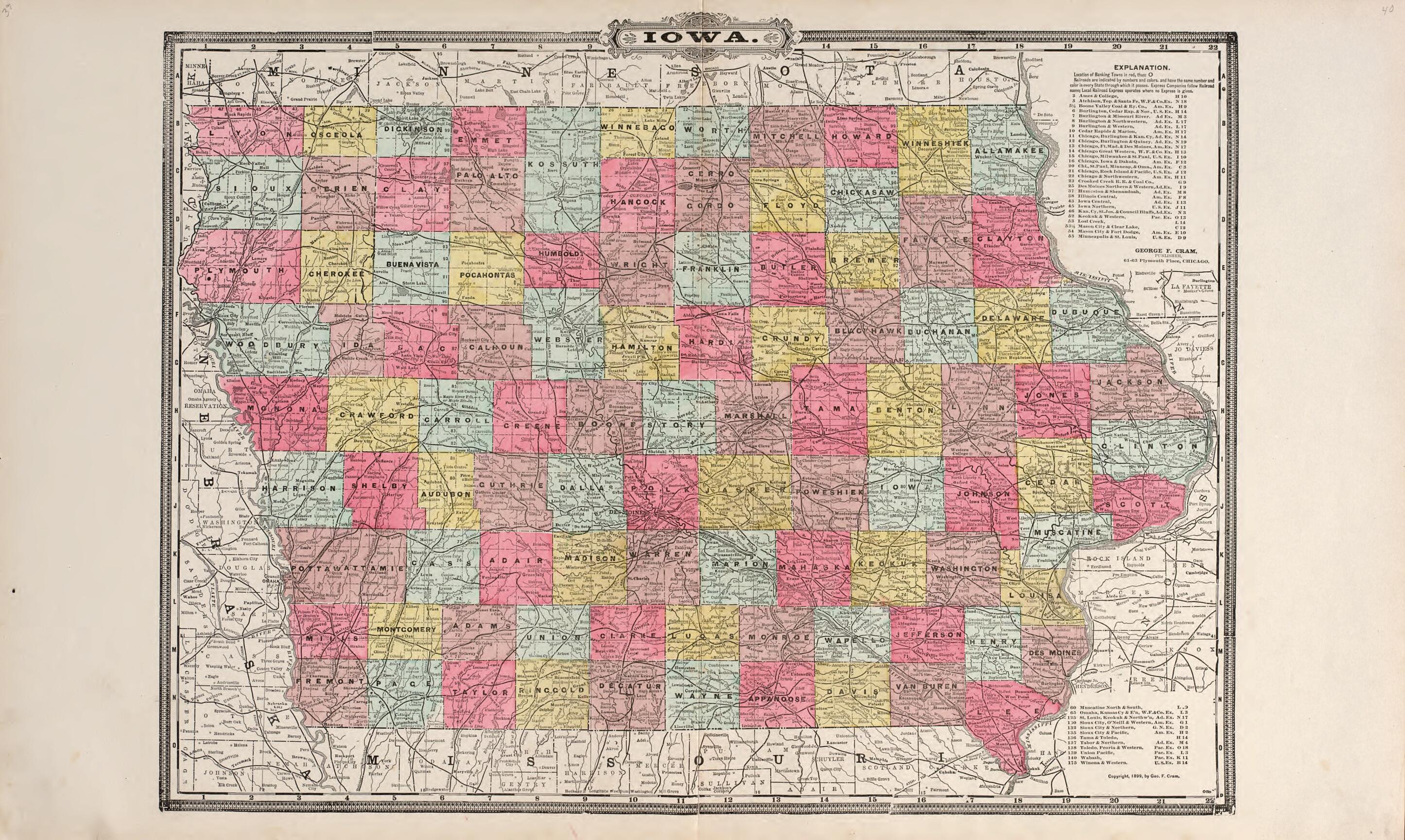 This old map of Iowa from Atlas of Muscatine County, Iowa from 1899 was created by Huebinger Surveying and Map Publishing Co in 1899